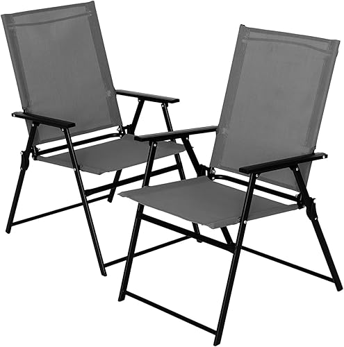 2 sillas plegables para patio, sillas de comedor al aire libre con respaldo alto gris y reposabrazos utilizados para camping, jardín, patio,