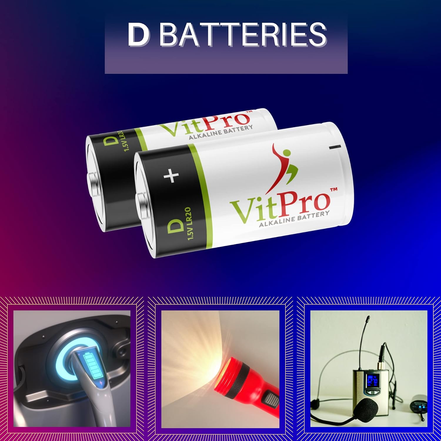 VitPro D Batteries | 4 Pack | All-Purpose Alkaline Batteries | 5-Years Shelf Life | Easy to Open | Premium Batteries (4 Pack)
