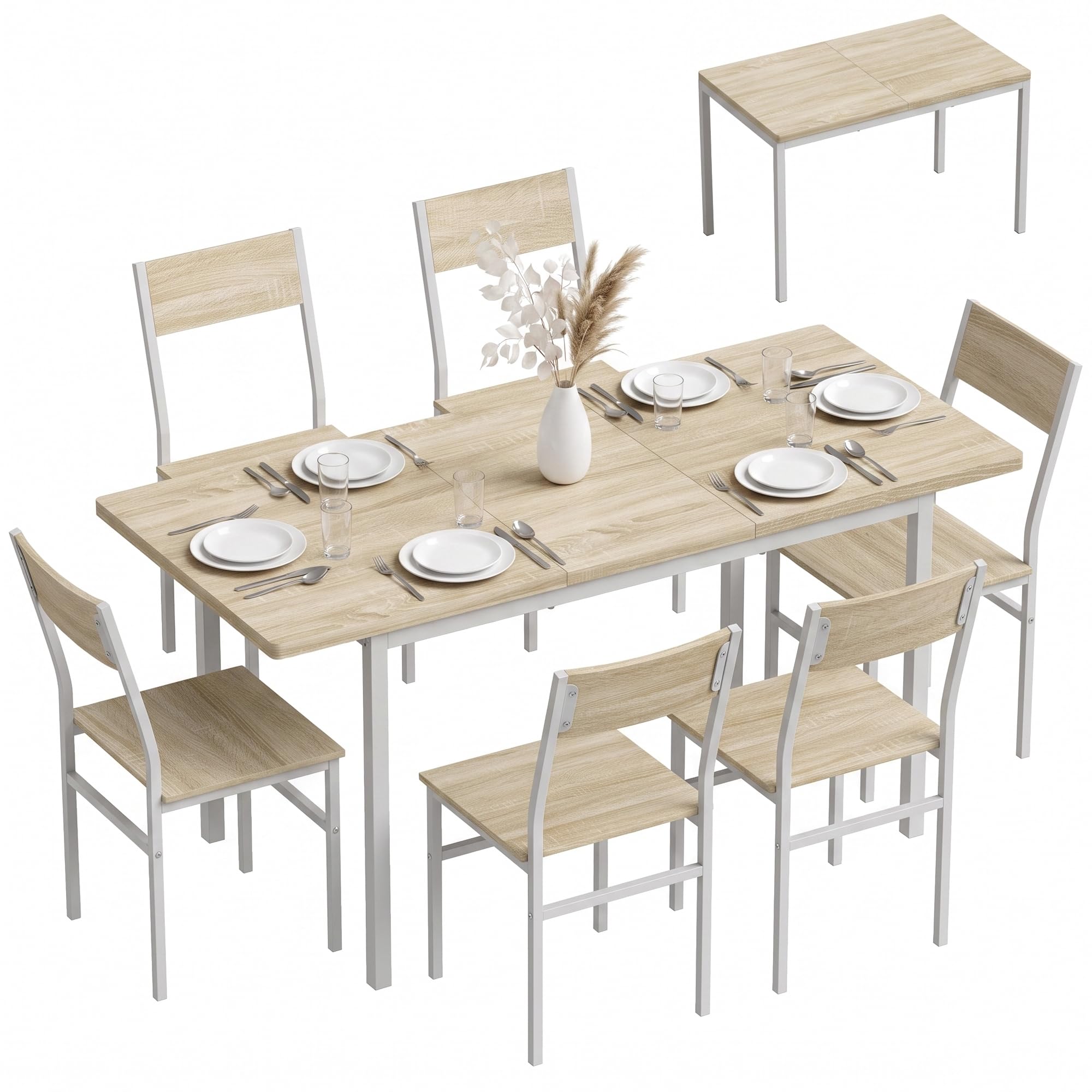 HOMCOM Conjunto de Mesa y 6 Sillas de Comedor de 7 Piezas Mesa 120-160 cm