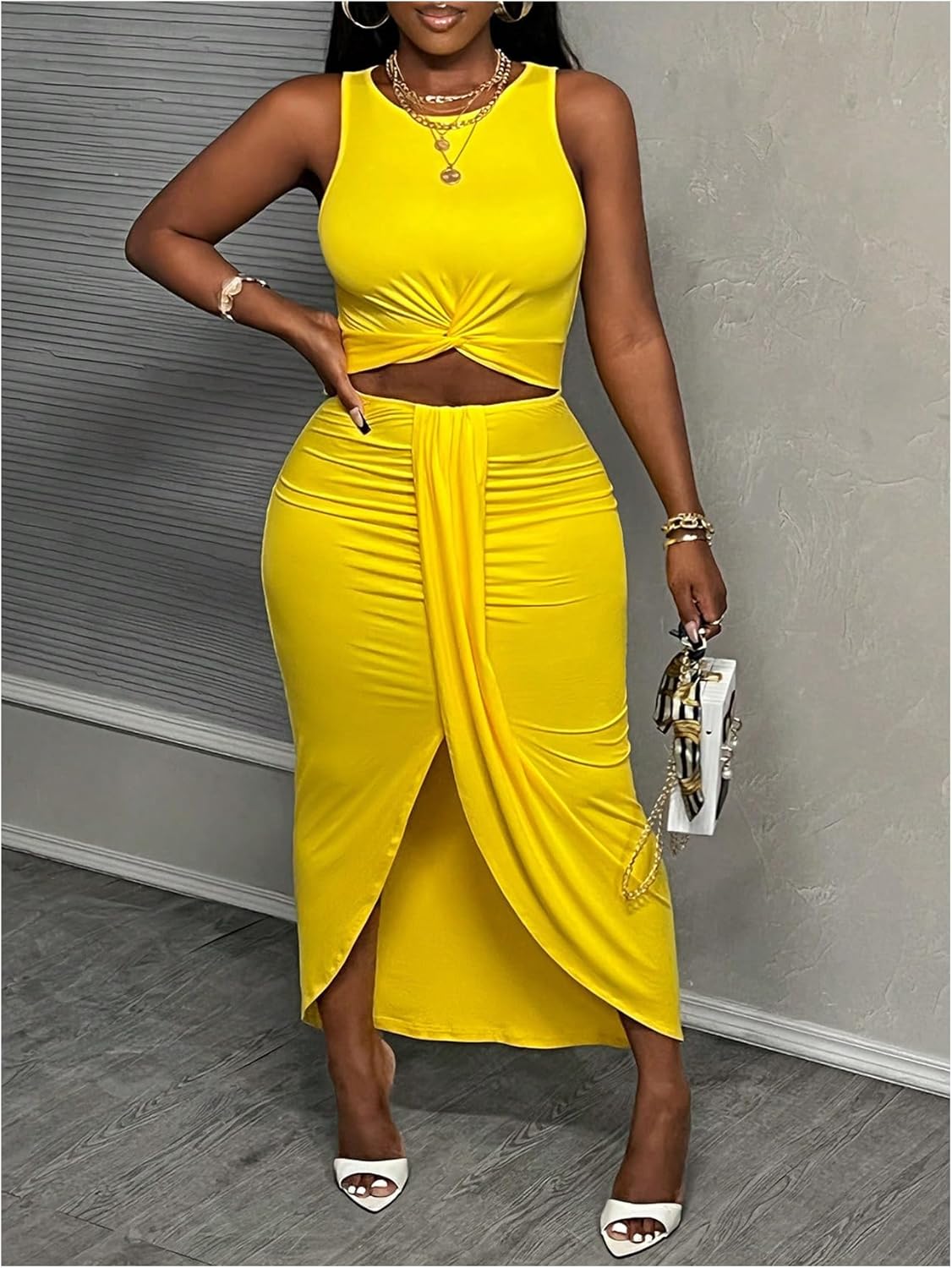 SweatyRocks Women's Twist Cut Out Dress Sleeveless Ruched Crew Neck Bodycon Maxi Dresses - Image 5