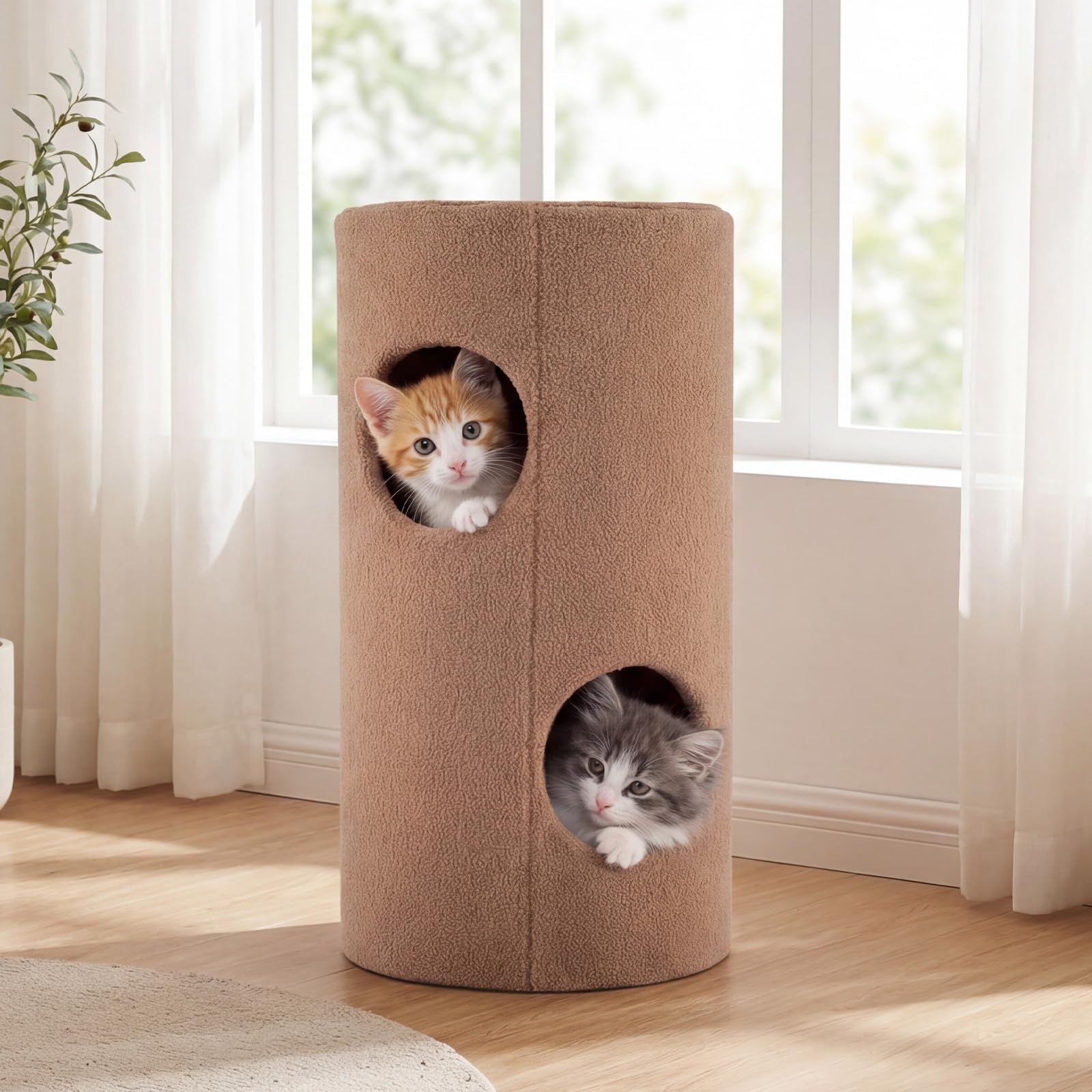 COSTWAY Kratztonne, Ø 35 cm, 66 cm hoch, Katzentonne mit Sisal-Kratzmatte, 2 Katzenhöhlen, Katzenbett, Kratzbaum für kleine und mittelgroße Katzen, Katzenbaum bis 15 kg, Braun