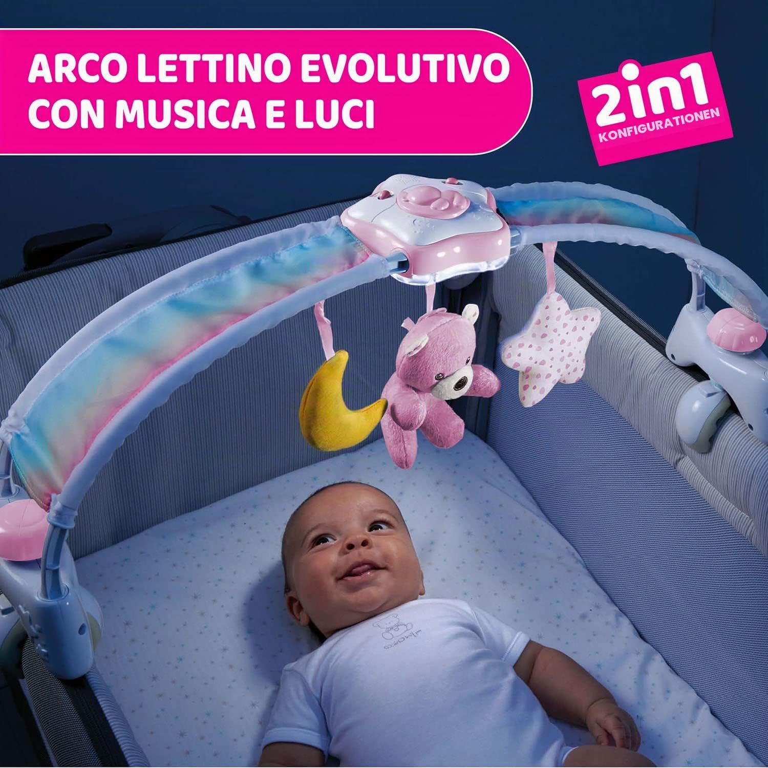 Chicco Regenbogen-Spielbogen für Kinderbett, 2in1 Evolutionskompatibel Next2Me, Babywanne mit Regenbogen und Nachtlicht Kinder mit entspannender Musik und weichen Anhängern - Baby Spiele, ab 0 Monate