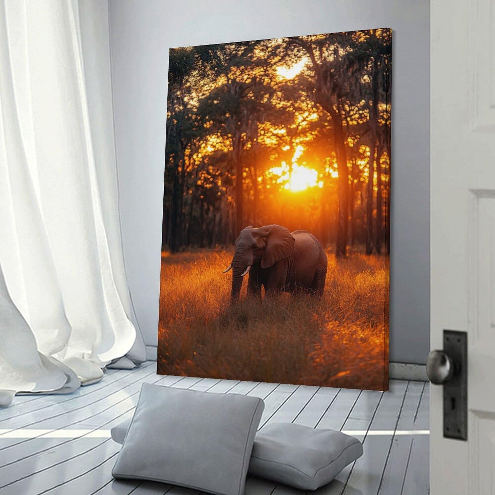 Junmoney Frame-Style-6 Elephant In Golden Sunset Wall Decor Canvas Print, 24X36inch(60X90cm), For Flats, Guest Rooms Or Compact Rooms, A Simple Refresh For Blank Walls