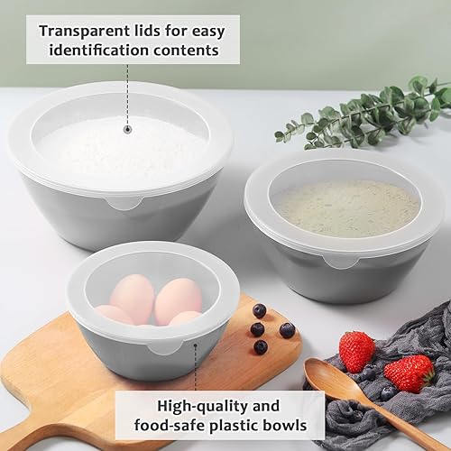 Miniatura 6 de Wehome Tazones para mezclar con tapas, cuencos de plástico para preparar la cocina, servir y almacenar, juego de 3 tazones y 3 tapas, sin BPA y con