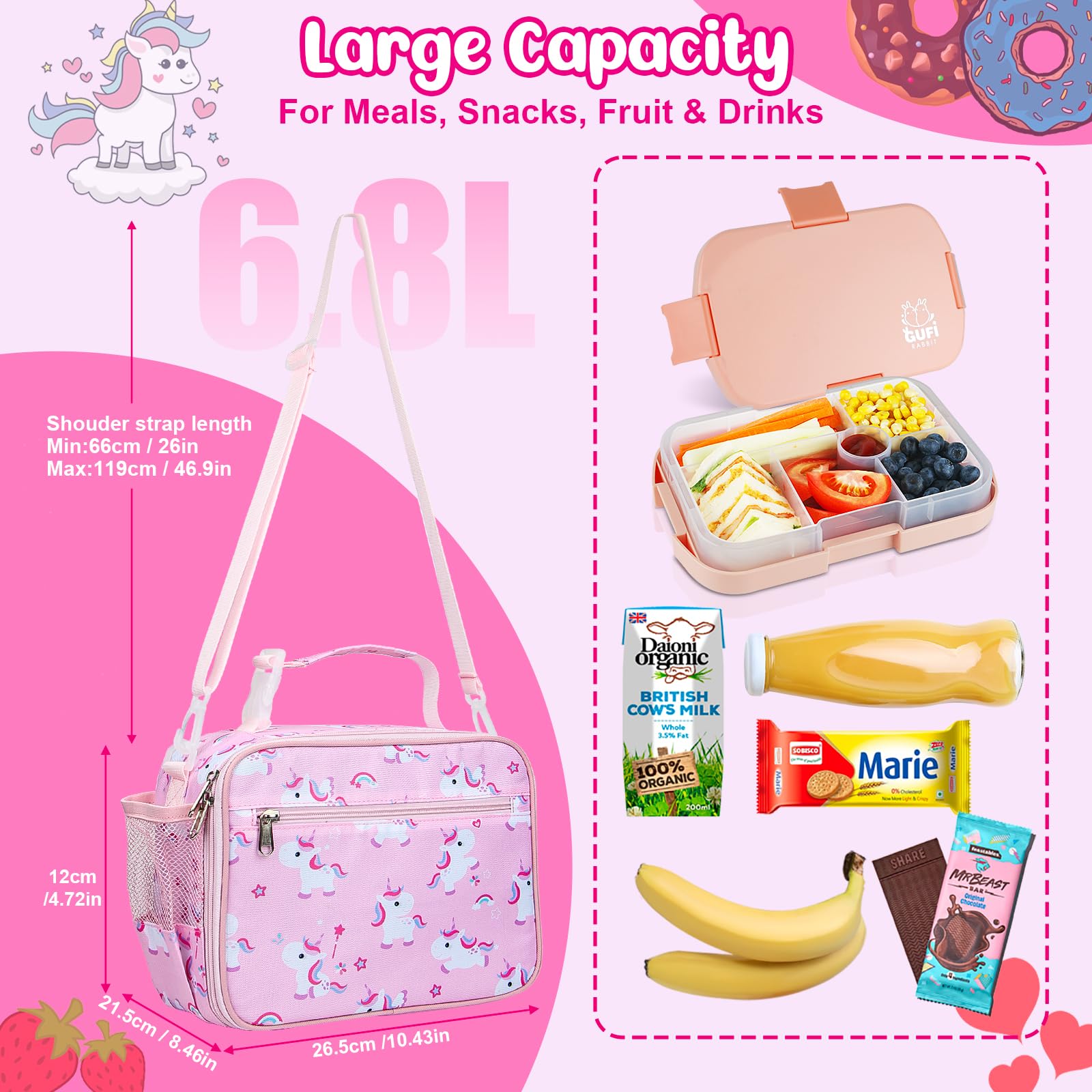 Homtibrm Insulated Lunch Bag, Kids Lunch Cool Bag with Adjustable Strap - Image 2