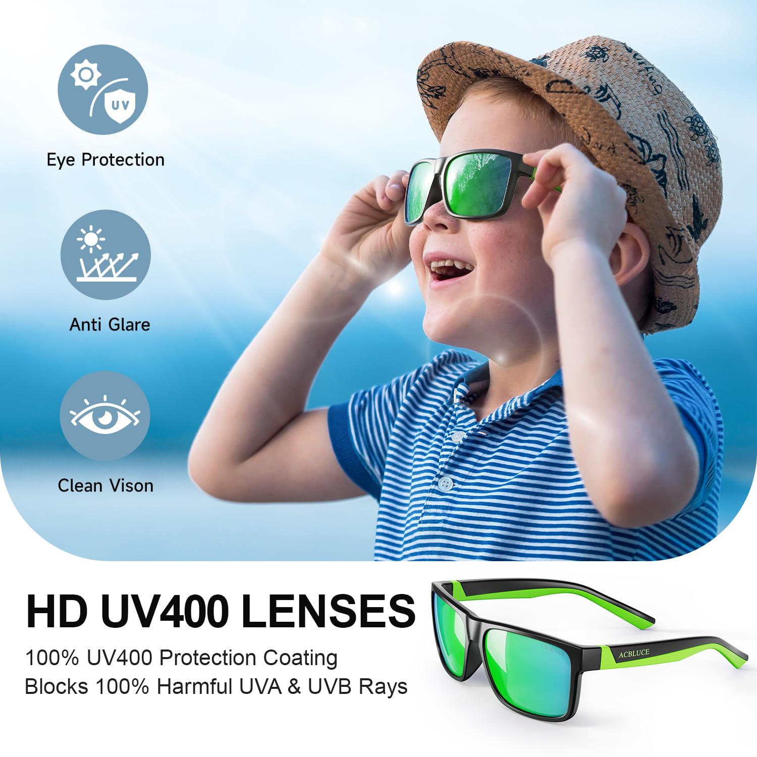 Polarisierte Kinder-Sonnenbrille, Alter 6–12 Jahre, Mattschwarz/grüner Rahmen/grüne Revo-Gläser, age 6-12