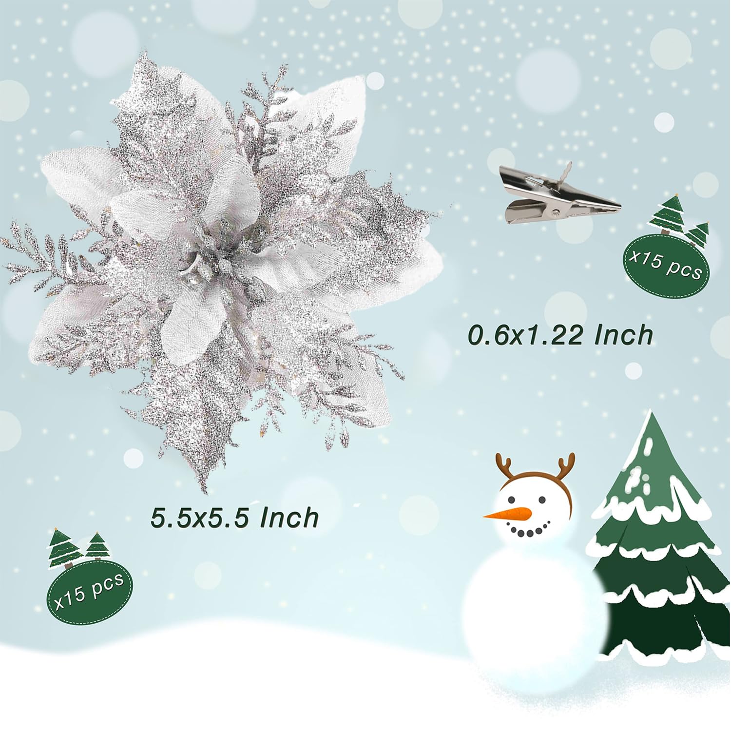 WUBAYI 12Pcs Glitter Artificial Poinsettia Flowers with 12 Stems & Clips - Image 2