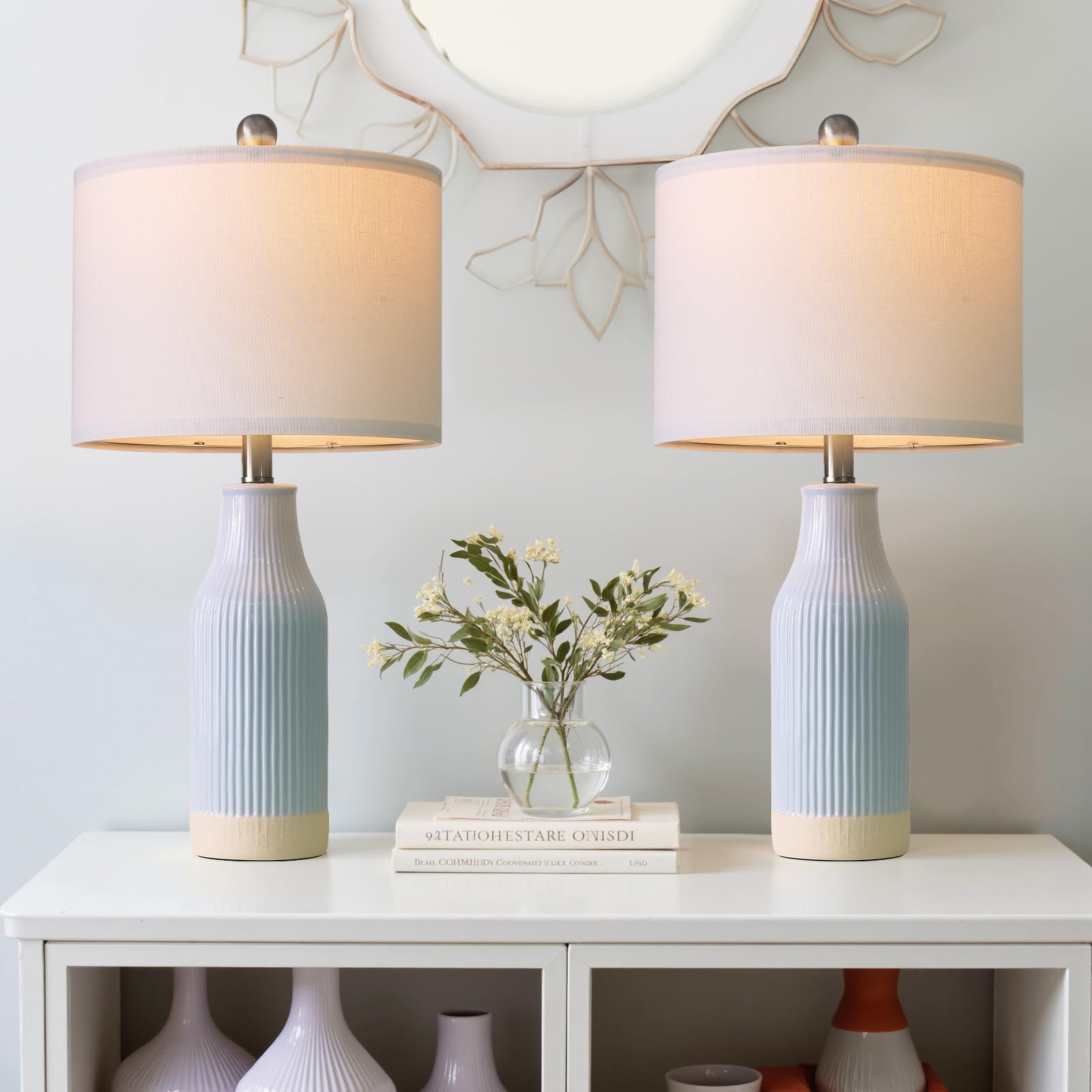 23.75inch Light Blue Modern Ceramic Bedside Lamp Set of 2 for Bedroom Decor Farmhouse Table Lamp for Living Room Office Dorm