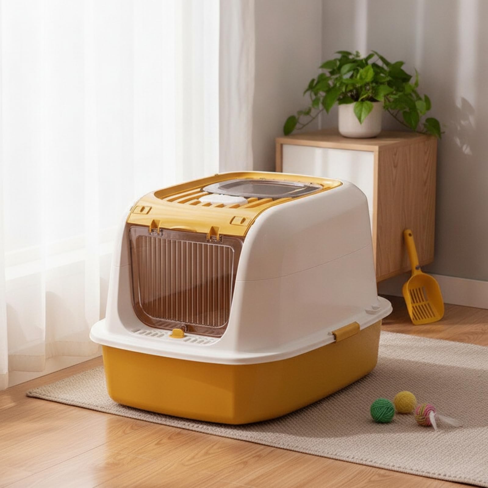 Arenero Cubierto Ventilado Caja con Tapa Gran Banja Sanitaria para Gatos, Interior, Marrón