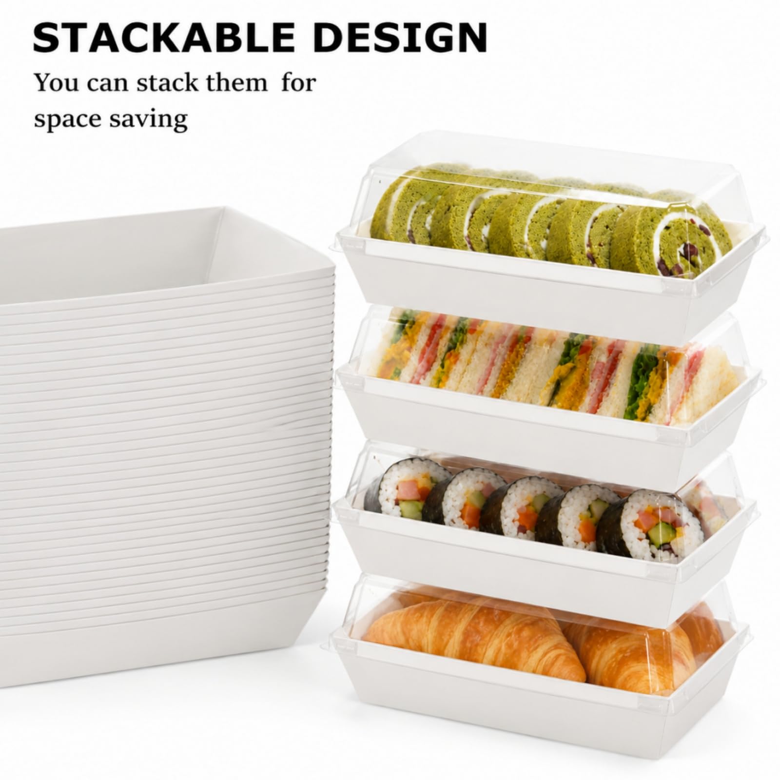 Dicunoy Paquete de 100 cajas de sándwich con tapas transparentes, cajas de papel para alimentos, bandeja rectangular para alimentos para sushi, pastel suizo, sándwich, galletas, frutas, bombas de