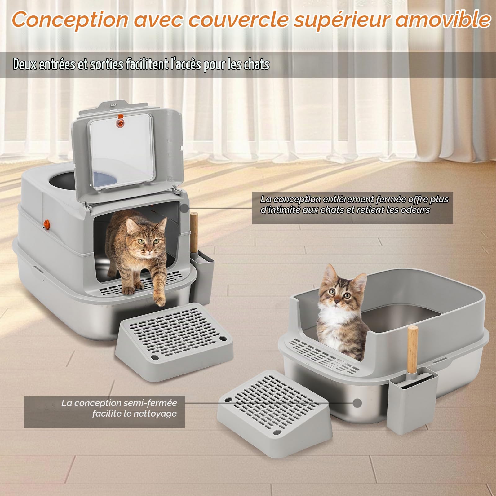 Bac Litière pour Chat,Bac à Litière Fermé pour Chat avec Pelle et Pédale,Litière Haute en avec Couvercle,Caisse Litiere pour Chats avec Double Entrée Plateau Amovible，Gris