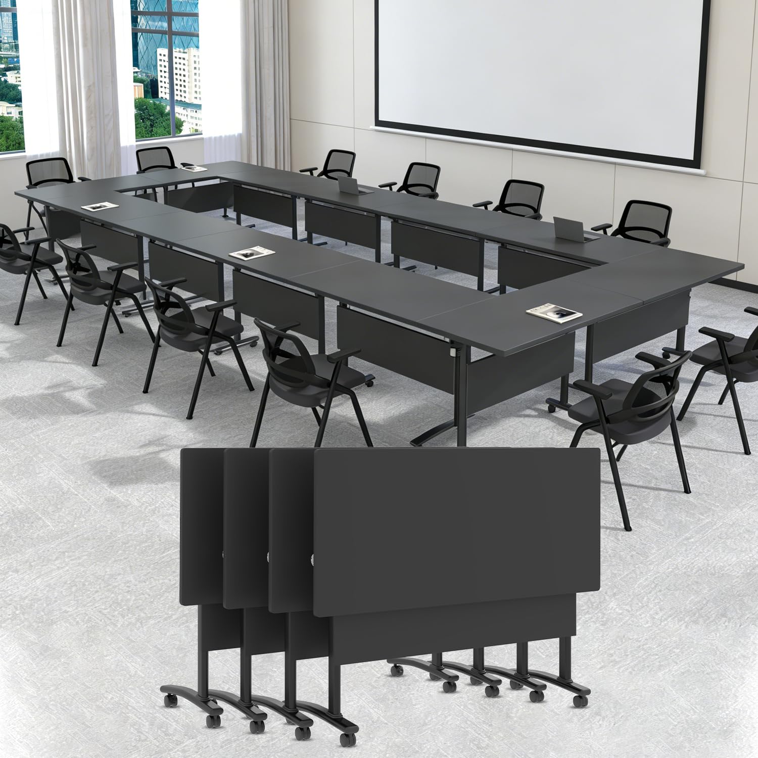 Folding Conference Tables,Flip Top Conference Room Table Mobile Training Tables for 8-10 People,Meeting Table with Silent Wheels for Office Seminar Classroom Tables(8,Dark Gray,62.9in)