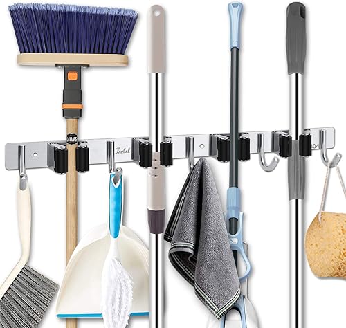 Soporte para trapeador de escoba de acero inoxidable montado en la pared, organizador de almacenamiento resistente para herramientas con 4 estantes,