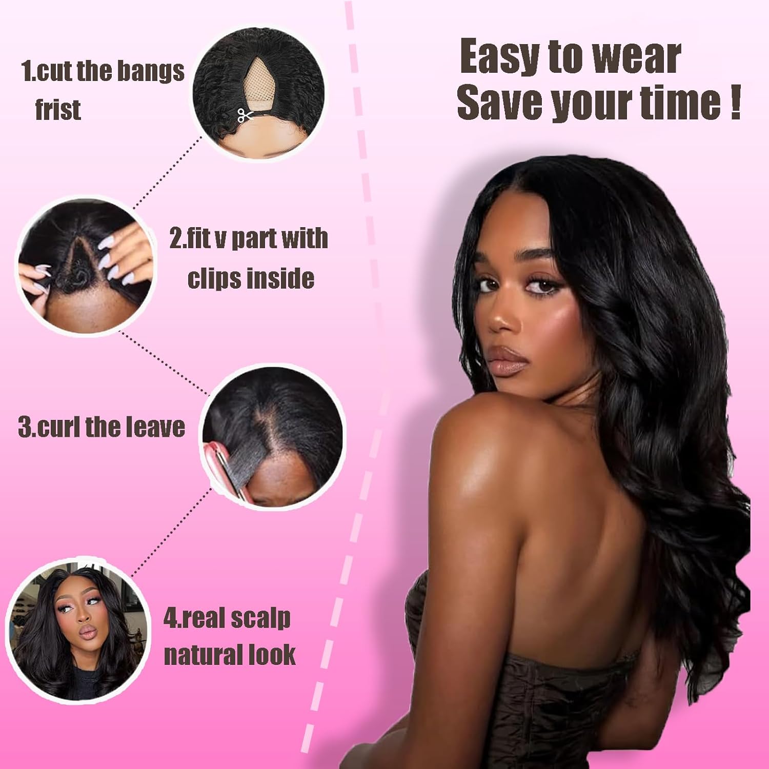 V Part Wigs Human Hair Body Wave V Shape Clip In Half Wig Human Hair 200% Density Upgrade U Part Wigs With Drawstring No Leave Out No Glue No Sew-in Beginner Friendly 34 Inch