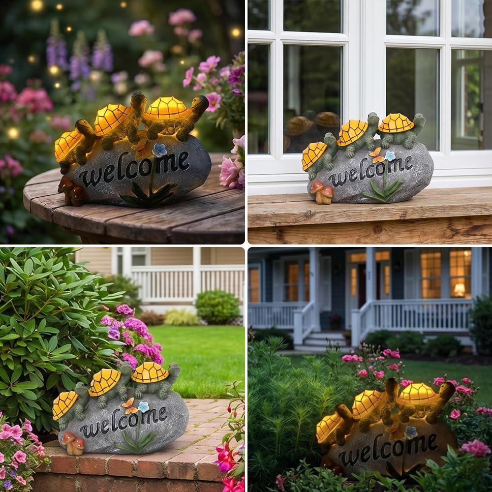 Shildkröte Deko Solar, Solar Gartenfigur Schildkröte, Gartenfiguren für Draußen Wetterfest mit 3 LED Lichtern für Mama/Frauen, Balkon Teich Terrasse Deko