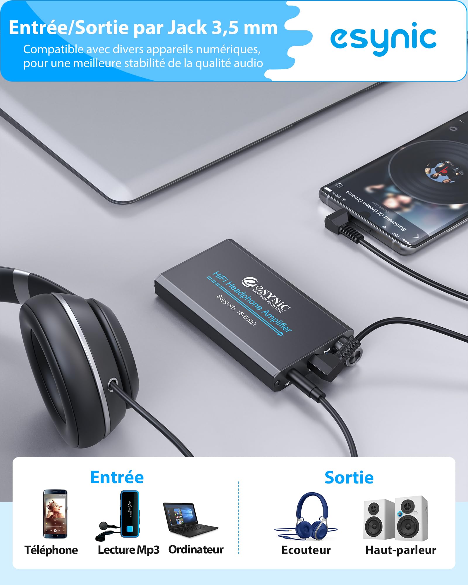 eSynic Ampli Casque Portable 16-600Ω Commutateur de Gain Amplificateur de Casque HiFi Interface Stéréo 3,5 mm Batterie au Lithium Amplificateur Audio Professionnel pour MP3 MP4 Téléphones Ordinateurs