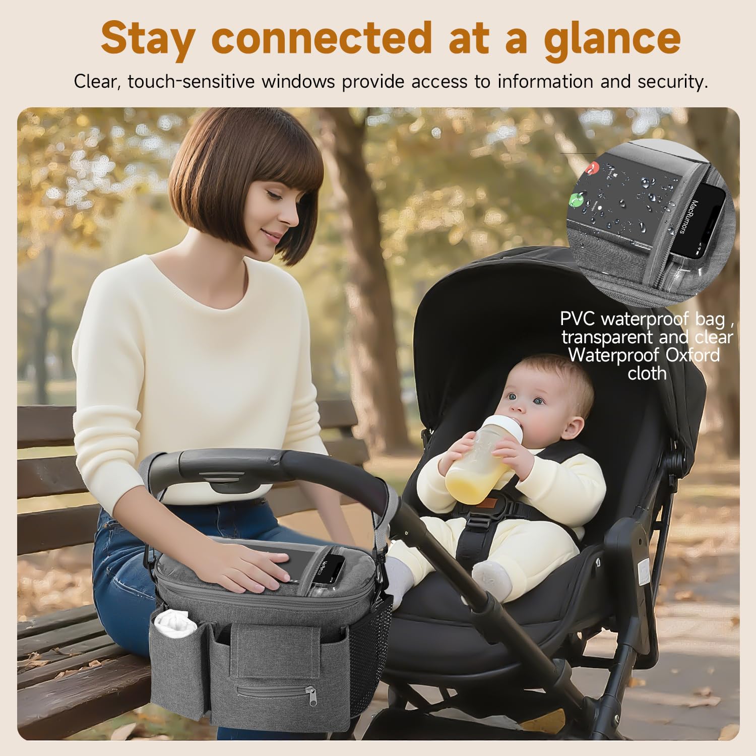 HOTUT Bolso Carro Bebé Universal, Bolsa Organizadora de Cochecitos para Mamá, Universal Impermeable Multifuncional de Gran Capacidad, 2 Bolsillos de Malla y Correas de Hombro Ajustables