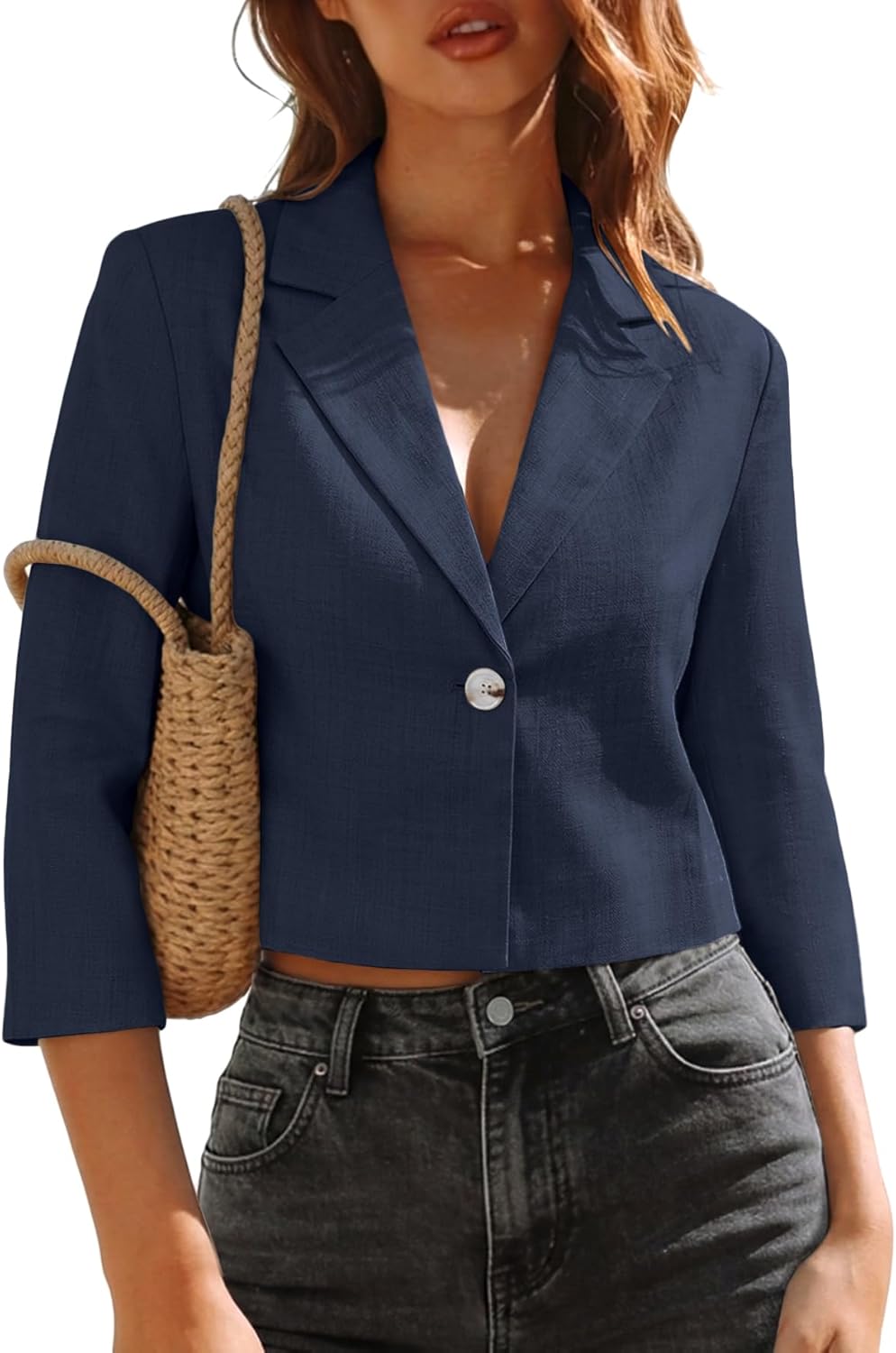 Mina Self 2026 Women's 3/4 Sleeve Cropped Blazer - Lightweight Fully-Lined Breathable Casual Work Jacket Tops