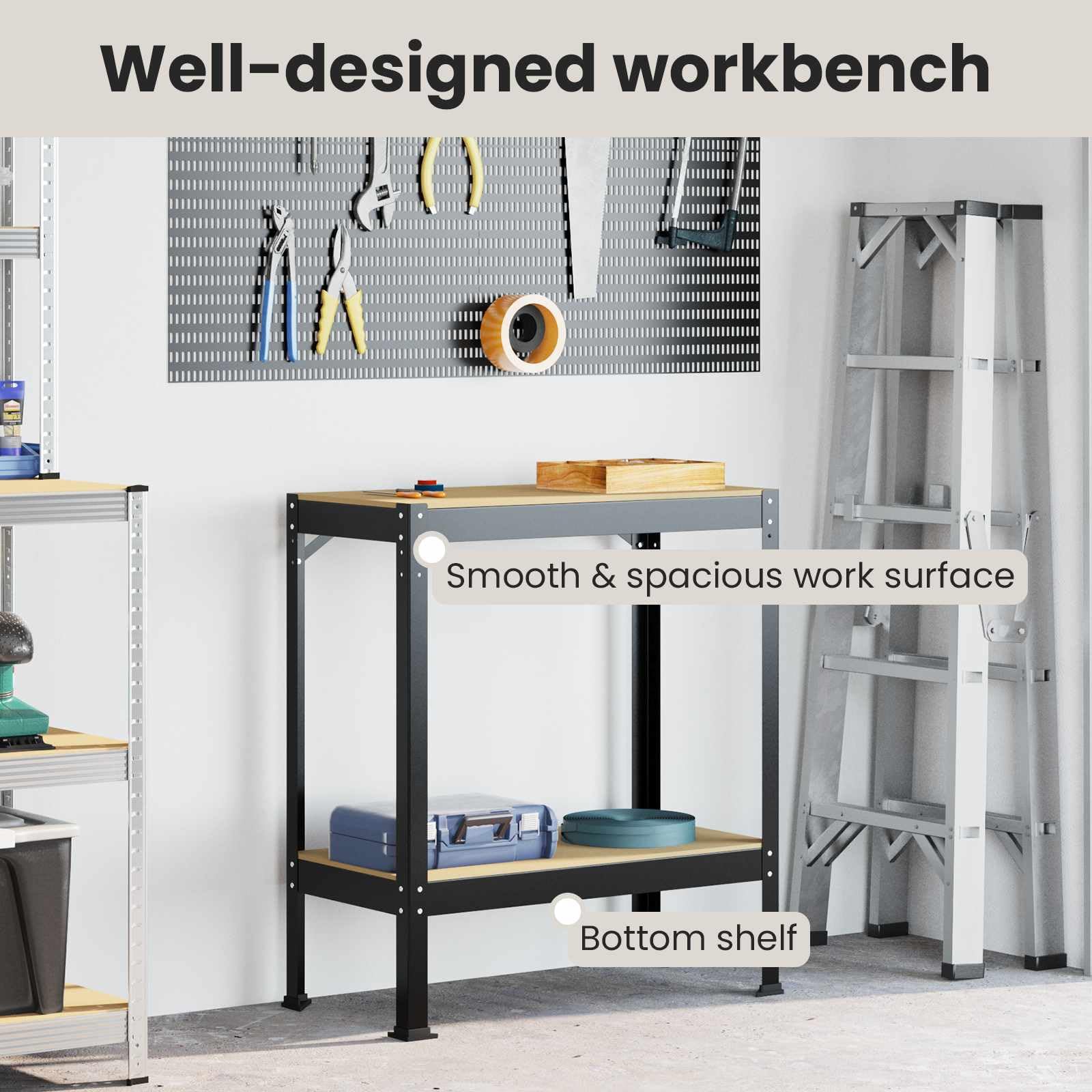 vidaXL Banco de Trabajo con Estante Negro 81 x 41 x 91 cm, Banco de Trabajo Industrial, estación versátil para Garaje, Mesa de Almacenamiento multipropósito, útil y Funcional