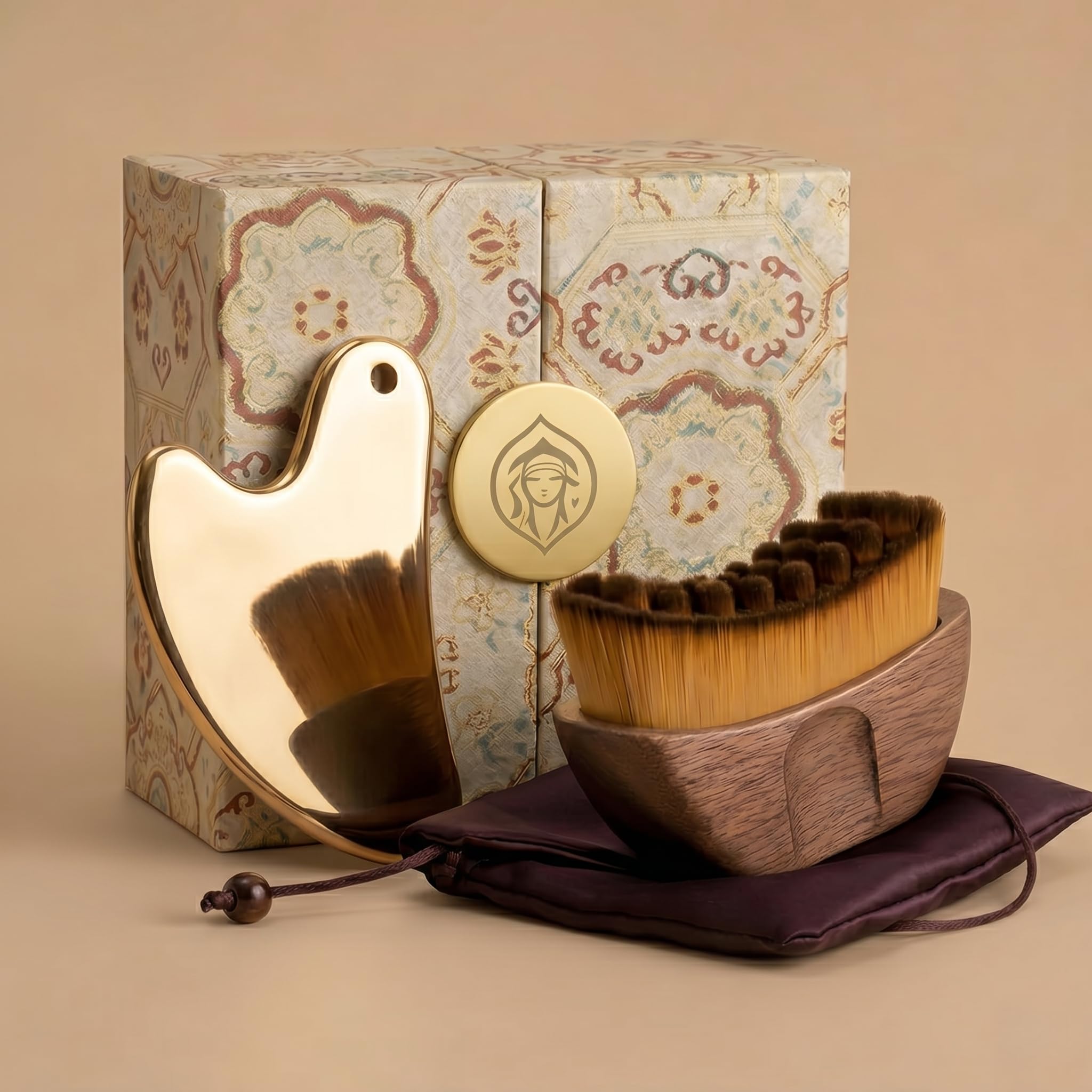 Lymphatic Contour Facial Brush Set with Gold Stainless Steel Gua Sha