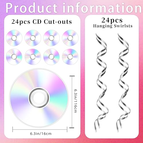 Miniatura 2 de 48 decoraciones colgantes de remolinos de los años 90, suministros de fiesta temática de CD iridiscentes para fiestas de cumpleaños de los años
