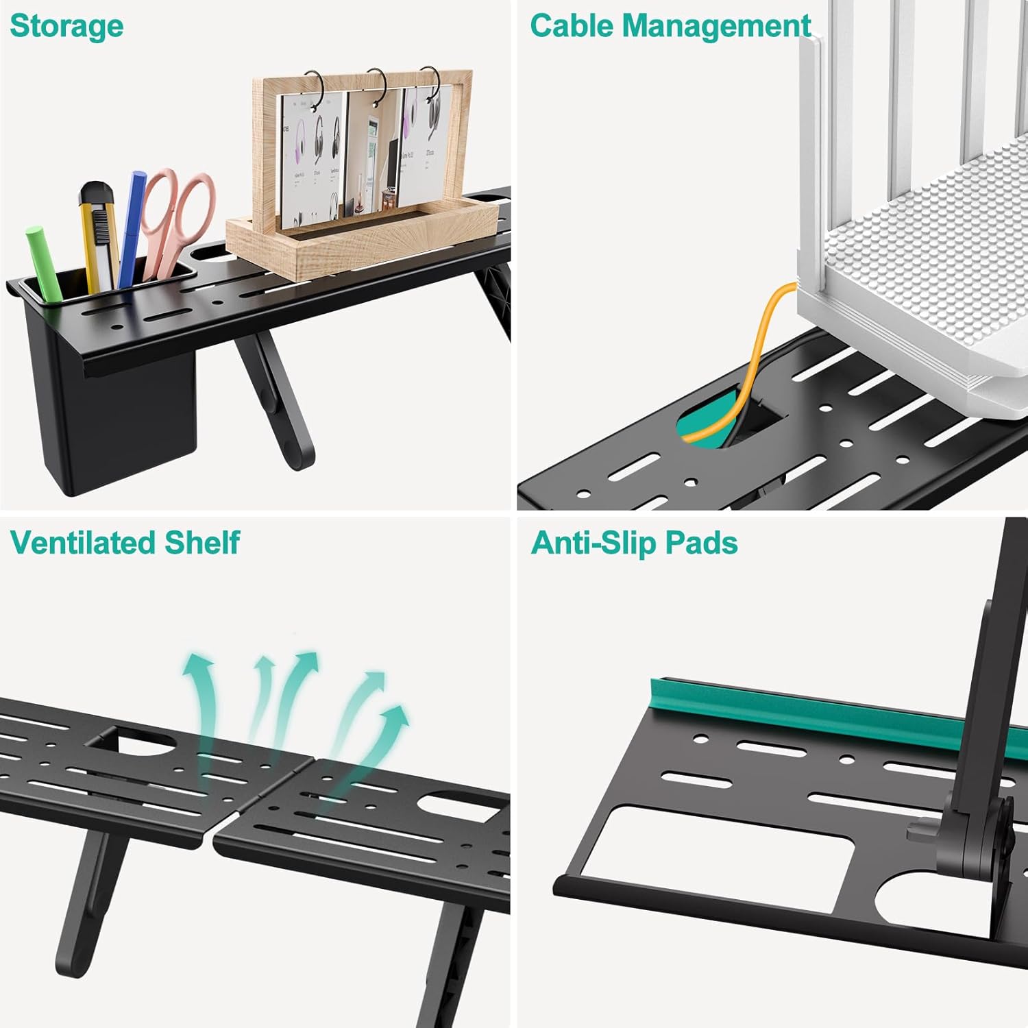 Features of WALI TSH004 TV Top Shelf including storage, cable management, ventilation, and anti-slip pads
