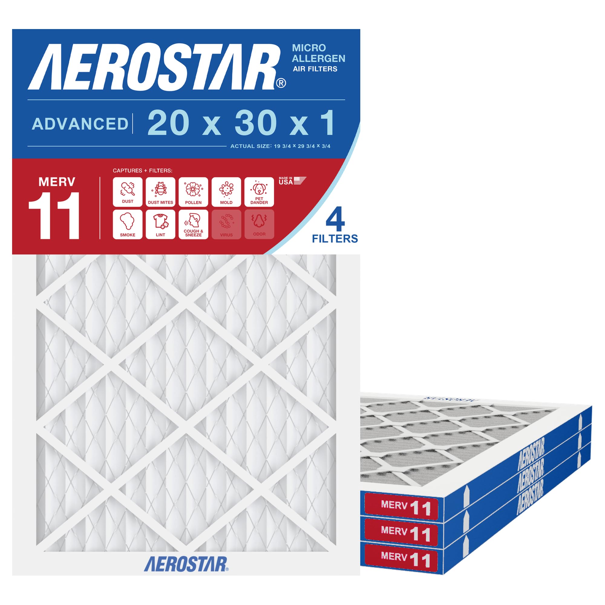 Aerostar 20x30x1 MERV 11 Air Filter 4-Pack