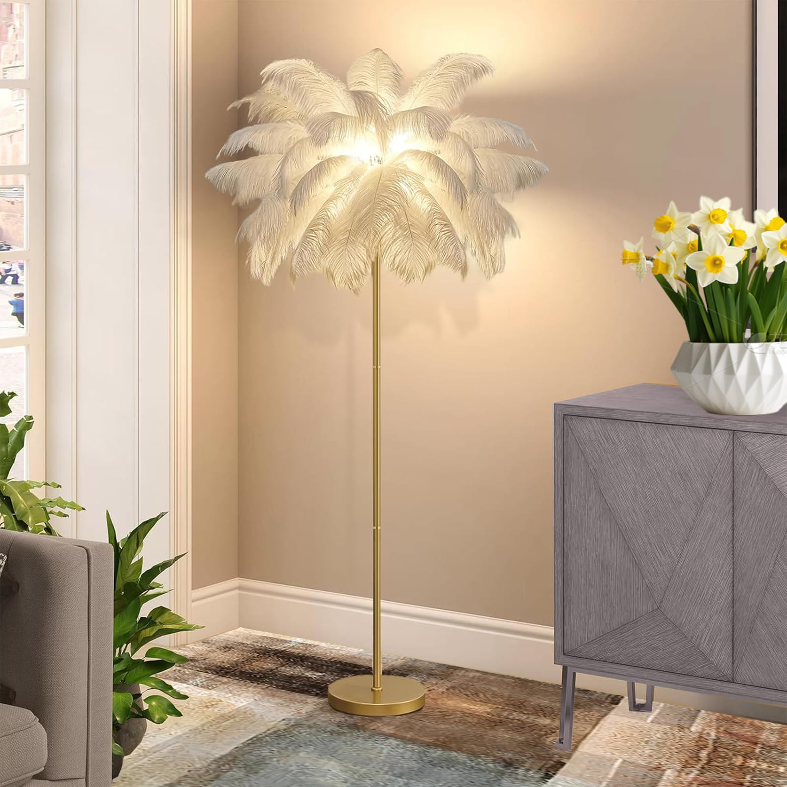 Federlampe Stehlampe aus Natürlichen Straußenfedern, 3-Farbig Dimmbarem | 160cm Hoch, für Wohnzimmer, Schlafzimmer, Lesen, Büro