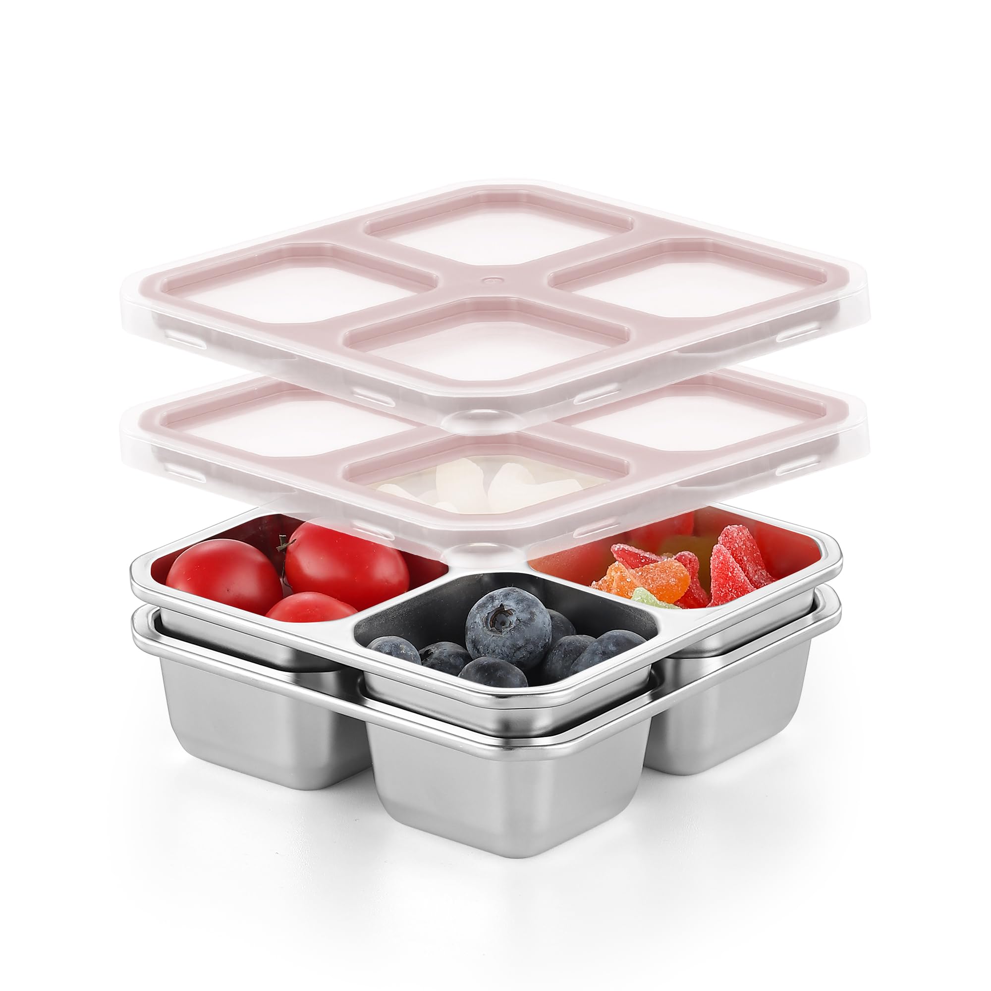 Misichao Stainless Steel Snack Box with 4 Compartments Bento Lunch Snack Containers for Kids Adults Reusable Meal Prep Containers Food Storage Containers with Transparent Lids (2, Pink)
