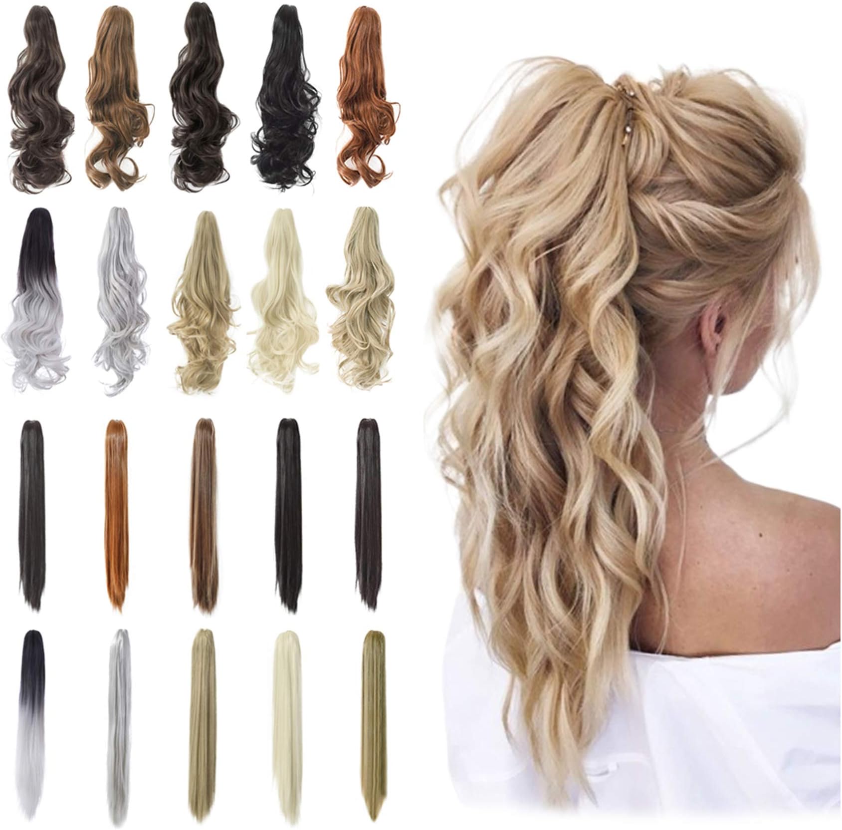 Qunlinta Ponytail Extension Hair Extensions Ponytail 18" 20" Claw Curly Wavy Ponytail Extension Straight Clip in Ponytail Extension Synthetic Hairpiece Bleach Blonde