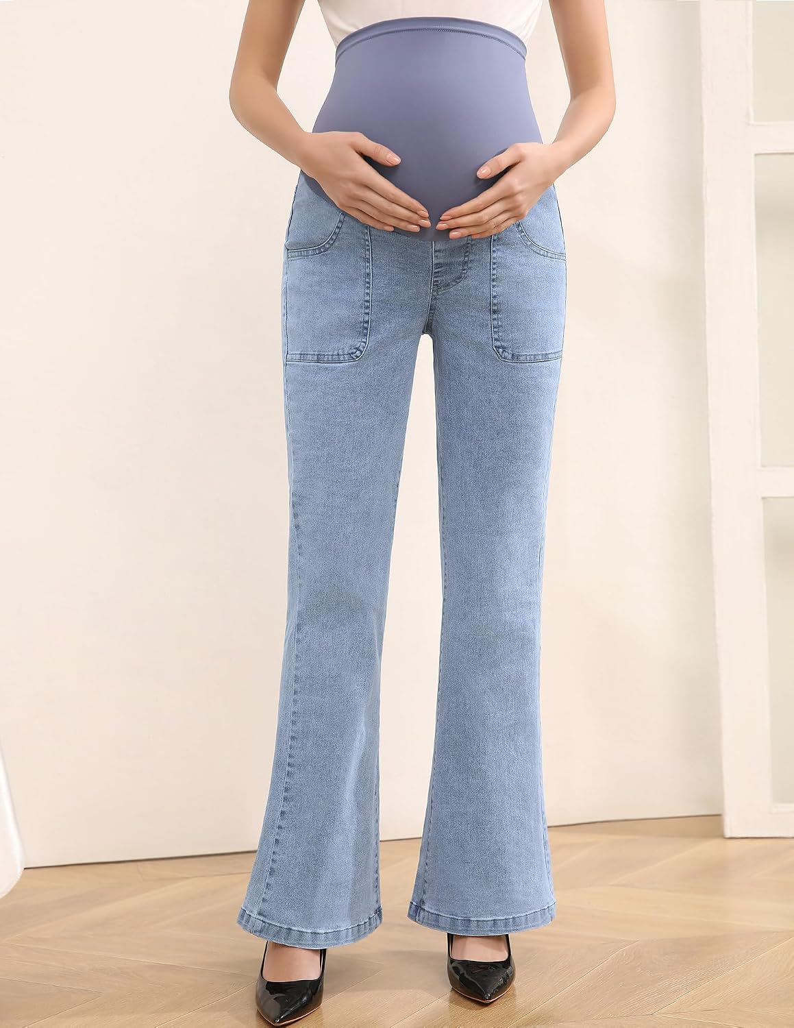 Women's Maternity Flare Jeans High-Waist Stretchy Over Belly Bootcut Denim Pregnancy Pants with Patch Pockets