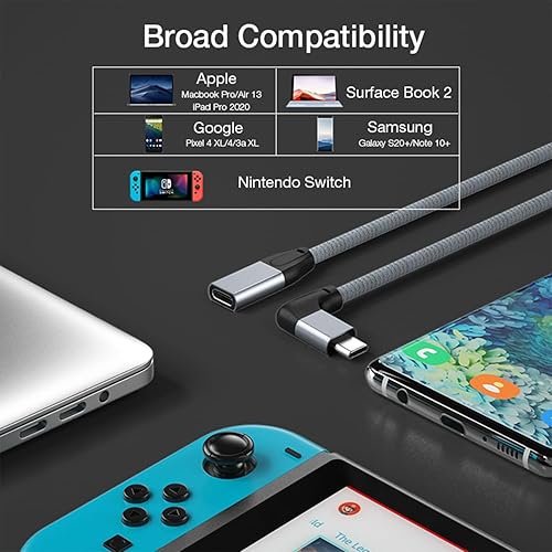 Miniatura 7 de UseBean Cable de extensión USB C en ángulo recto de 0.6 pies, 90 grados USB-C 3.2 Gen2 20Gbps macho a hembra, cable de video 4K en forma de L,