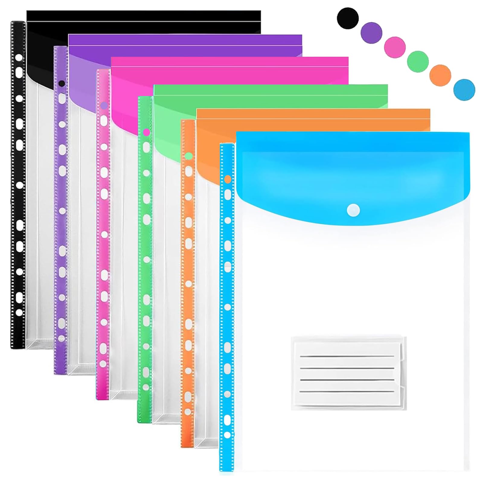 Punched Pockets A4 Plastic Wallets 6 Pack A4 Expandable File Folders with Button and Tab Card for School, Home & Office Use