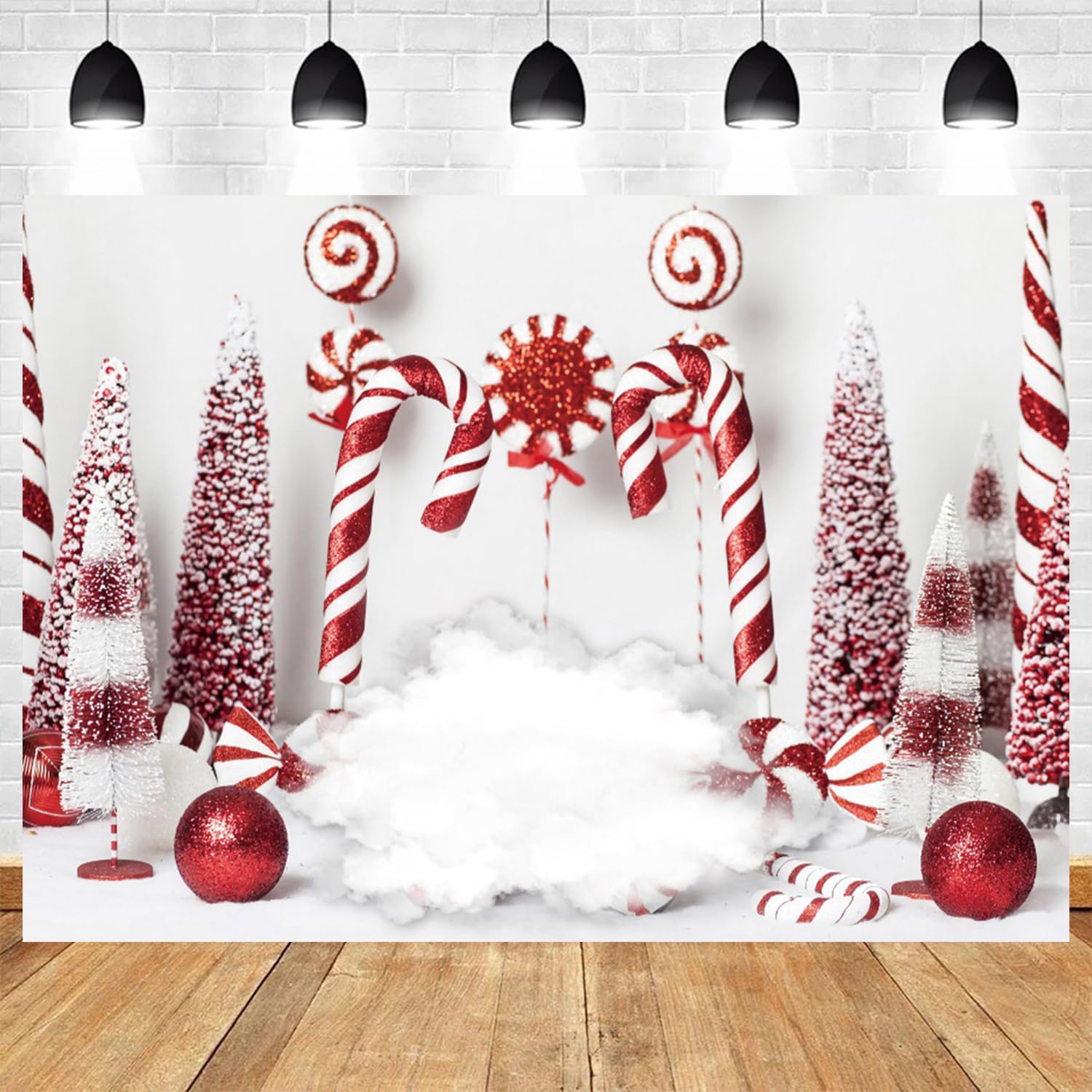 3,7 x 2,4 m sfondo natalizio rosso bianco bastoncini di zucchero sfondo fotografia palle di Natale albero di pino nuvola inverno felice anno nuovo festa banner decorazioni bambini compleanno