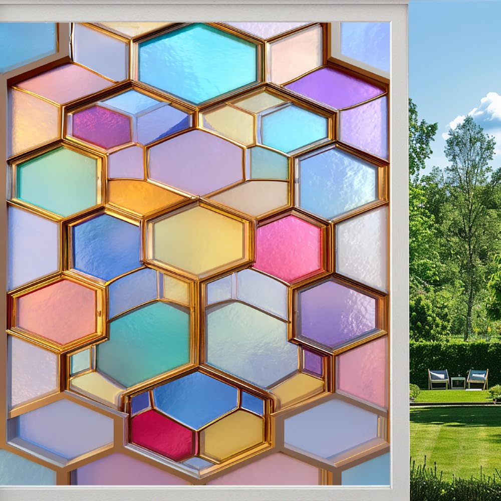 Pmlbaous Abstract Geometry Frosted Window Film, Colorful Shapes Texture Stained Glass Privacy Film, Heat Insulation Self-Adhesive Vinyl For Bathroom Office, （45X100cm）