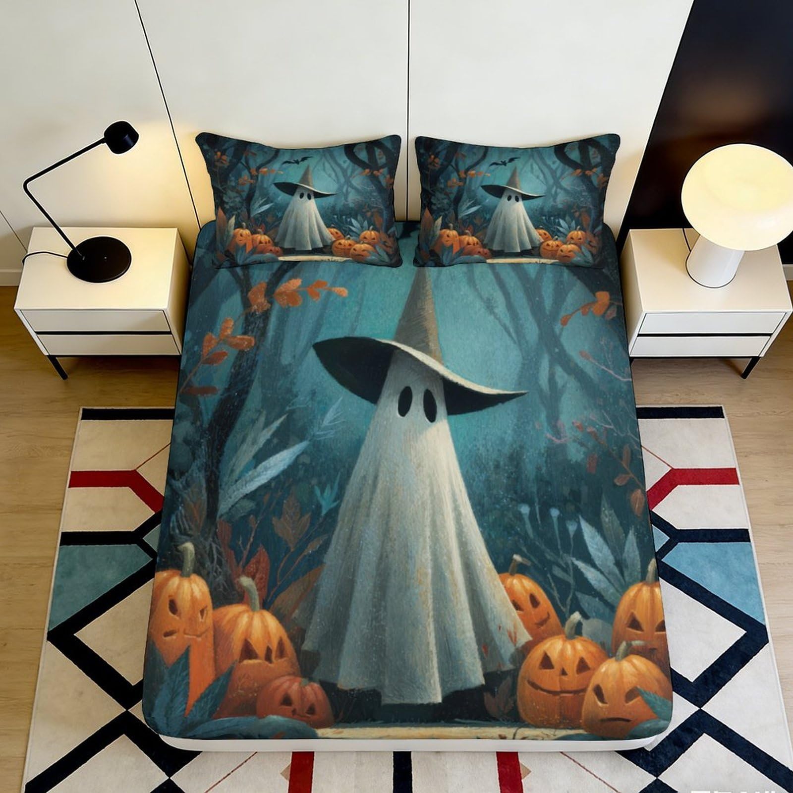 3D Printed Halloween Pumpkin Fitted Sheet Microfiber Soft Ghost Forest Mattress Cover for Bedroom Apartment Decor 120x200cm 90x200x25cm