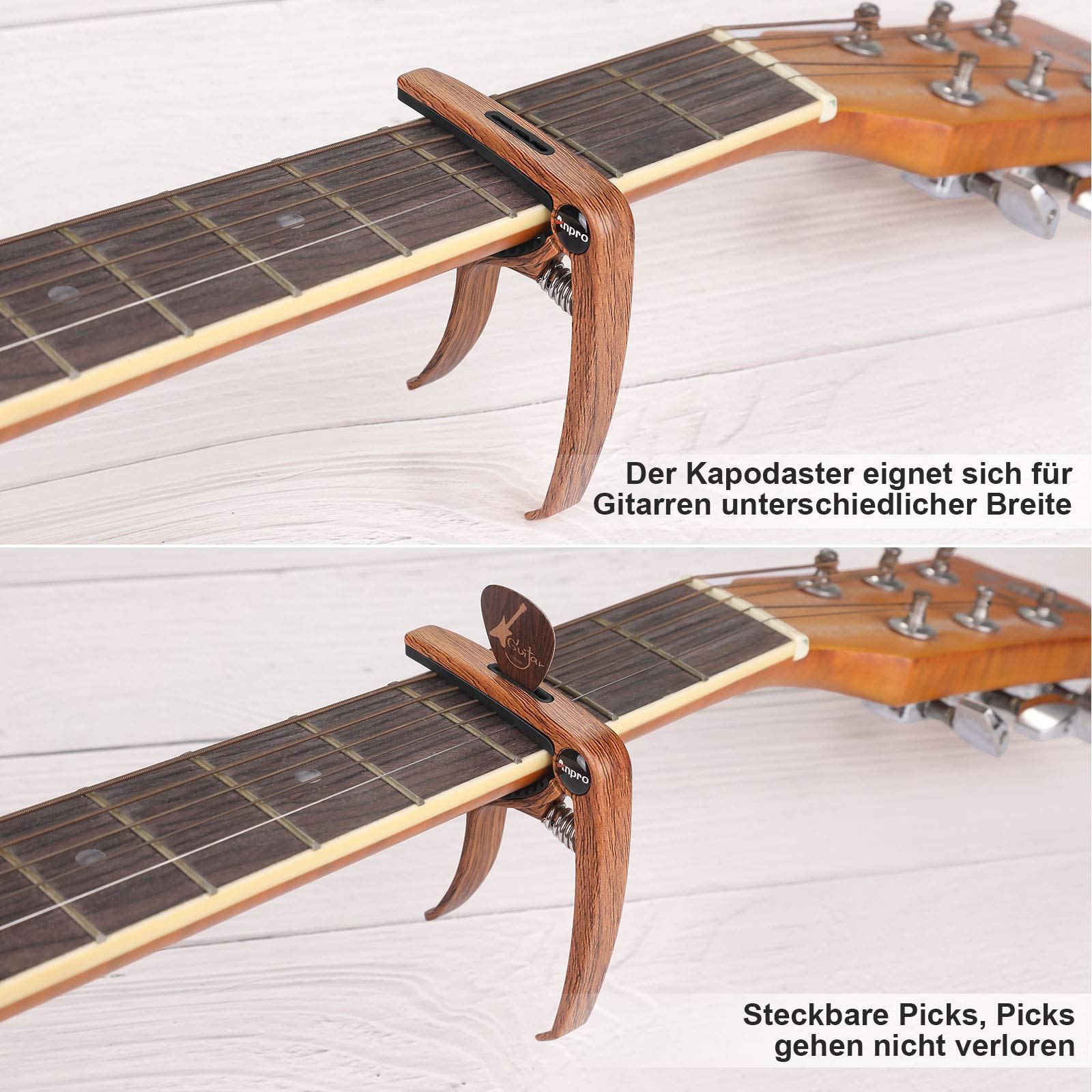 Anpro Gitara Kapodaster Guitar Capo Guitar Capo z 6 kostkami do gitary akustycznej i elektrycznej, ukulele, mandoliny i banjo, kolor drewna