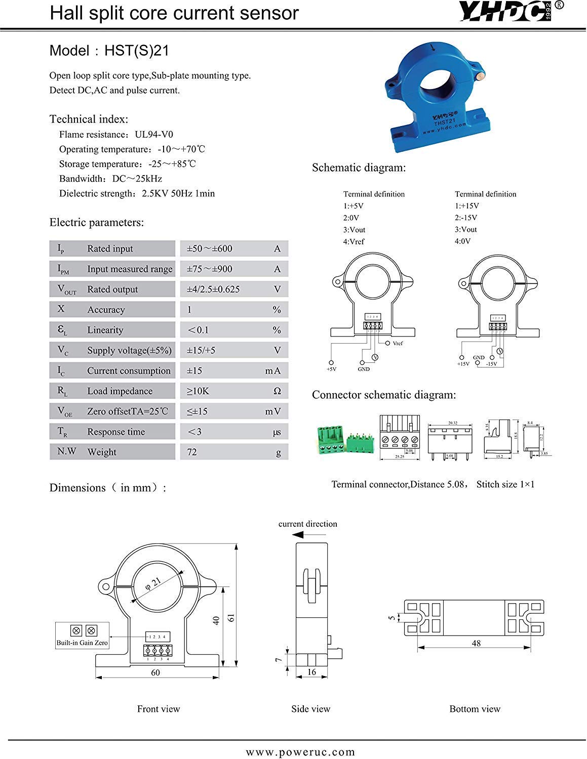 YHDC Hall Split Core Current Sensor HSTS21 100A/2.5±0.625V