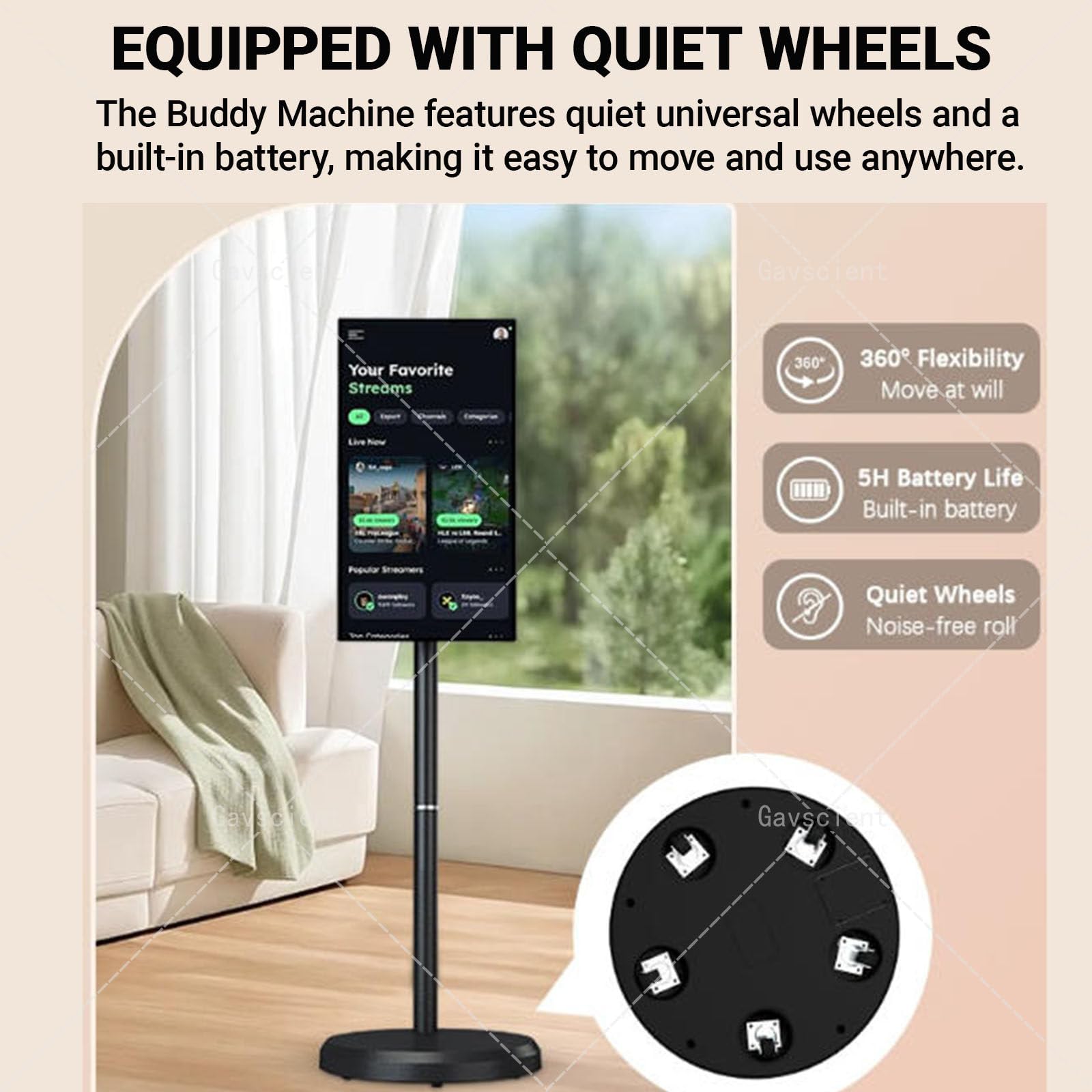 TV portatile 1080P su ruote, monitor touchscreen rotante con batteria integrata, mirroring wireless e base per una comoda visualizzazione
