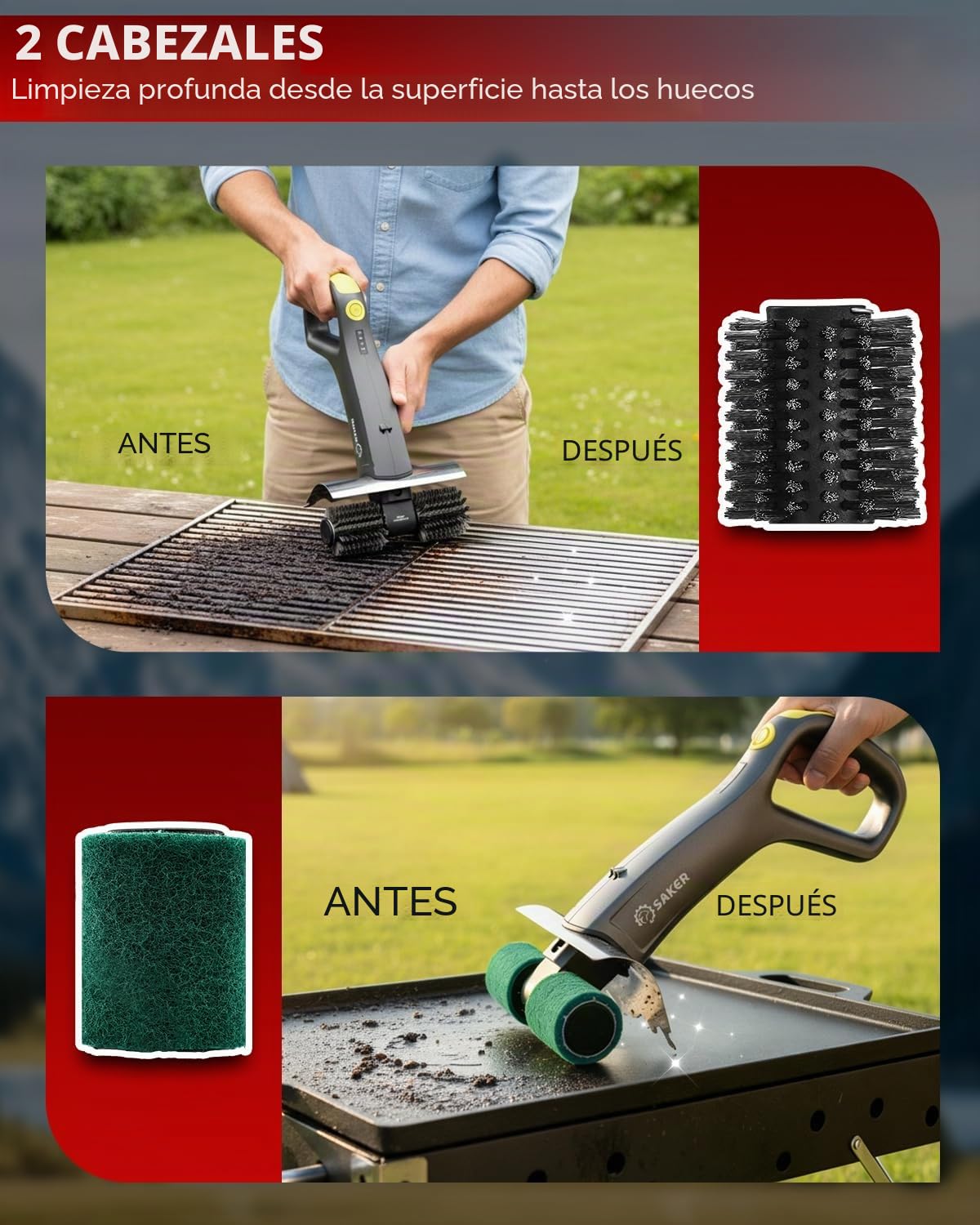 Cepillo de parrilla eléctrico Saker con 450 RPM y luz LED | Cepillo de limpieza de parrilla sin enredos con rodillo duradero | Kit completo de cepillo de 8 piezas y almohadilla de fregado | Regalo
