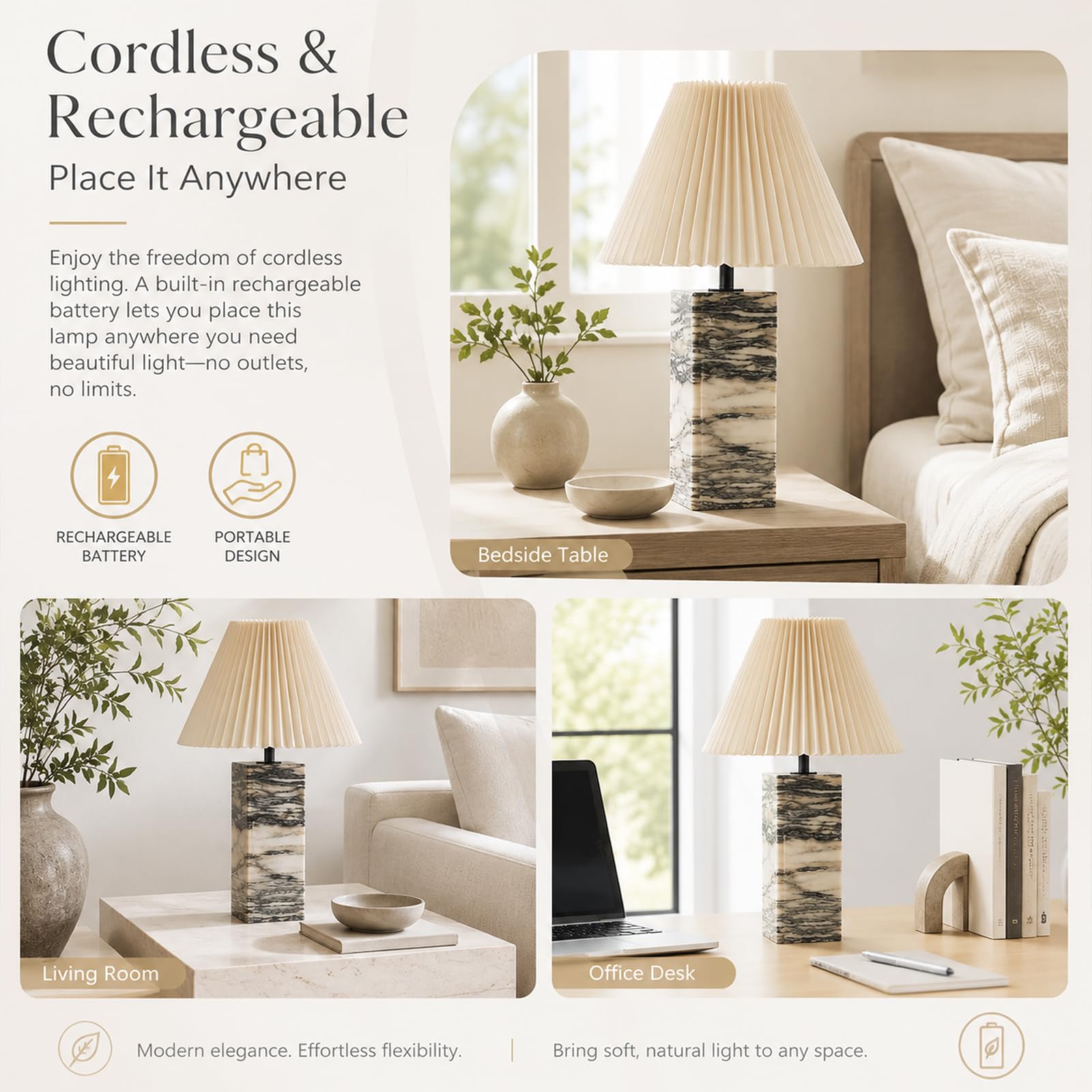 Lámpara De Mesa De Mármol Recargable Sin Cables, Regulador Táctil, Pantalla Plisada Beige De Tela, Moderna De Piedra Auténtica, Casquillo E27, 3 Temperaturas, Para Mesita, Dormitorio, Salón