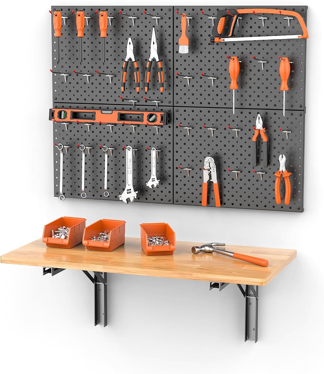 Folding Workbench with Pegboard, Wall Mount Work Table | Heavy Duty Garage Work Bench with Storage, Wood Workbench with Accessories