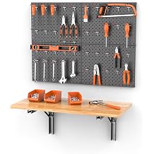 Folding Workbench with Pegboard, Wall Mount Work Table | Heavy Duty Garage Work Bench with Storage, Wood Workbench with Accessories