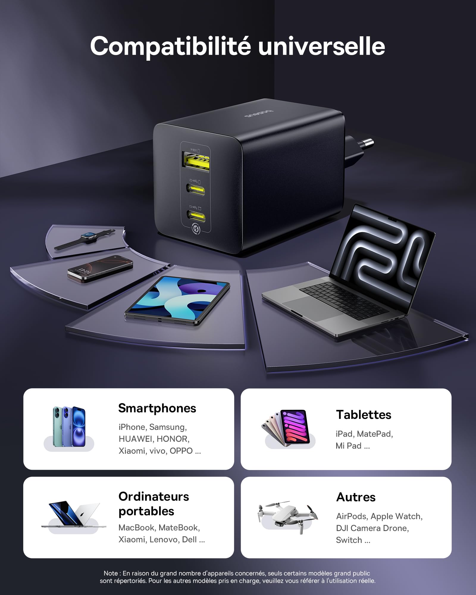 Baseus Enerfill Chargeur USB C 100 W, Bloc d'alimentation USB C à 3 Ports, Chargeur PD avec PPS, Chargeur Rapide GaN Compatible avec MacBook Pro/Air, iPhone 17/16/15/14/13Serie, Galaxy S25, iPad Pro