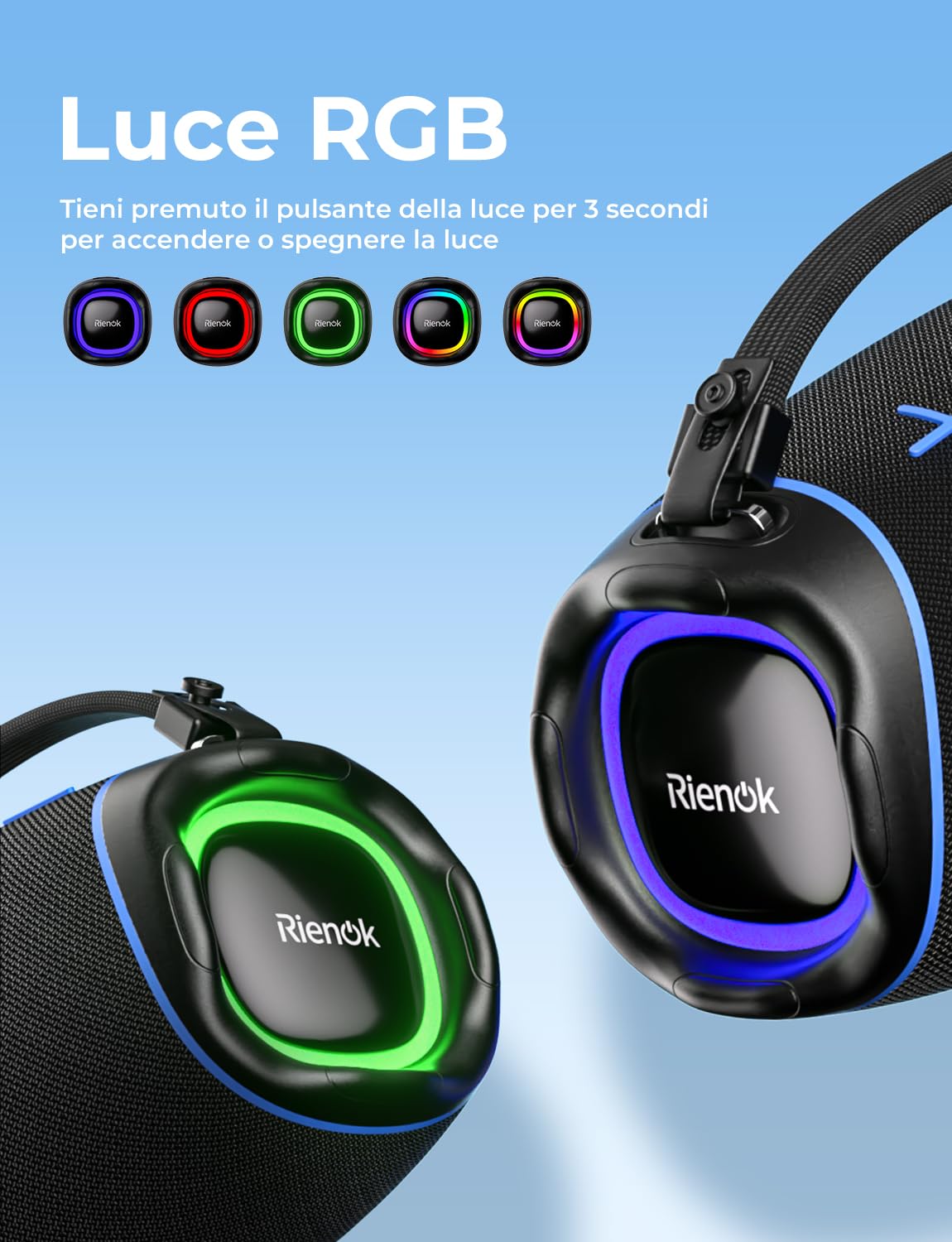 RIENOK Cassa Bluetooth Potente 100W, Impermeabile IPX6 per Esterno Feste | 2 Tweeter 2 Woofer, Supporto USB /Scheda TF /AUX, 30 Ore di Autonomia, Vero Stereo Senza Fili, Chiamate in Vivavoce