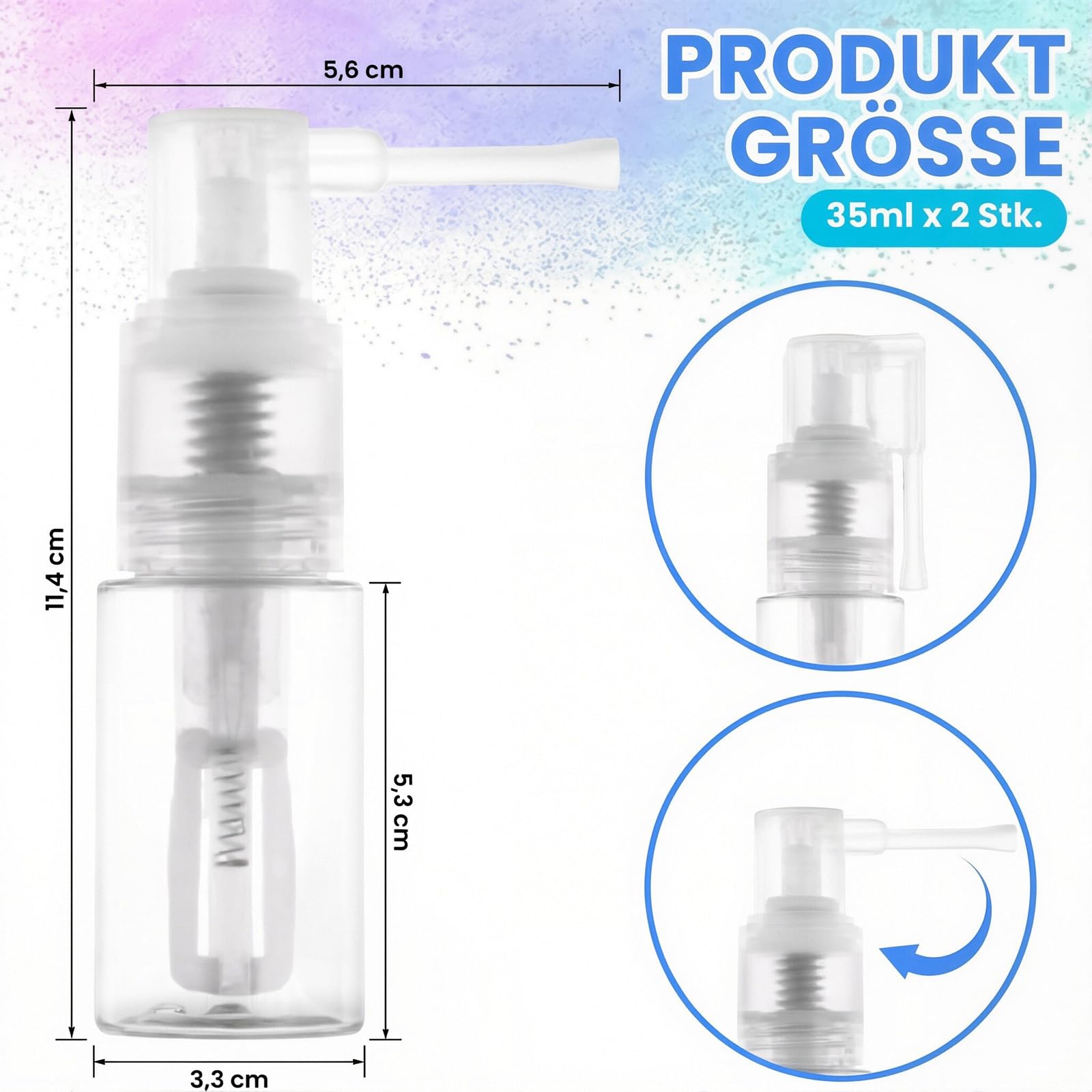 Lote de 2 botellas con pulverizador de polvo con purpurina de 35 ml, para manualidades, pasteles, tejidos, botellas vacías de polvo seco
