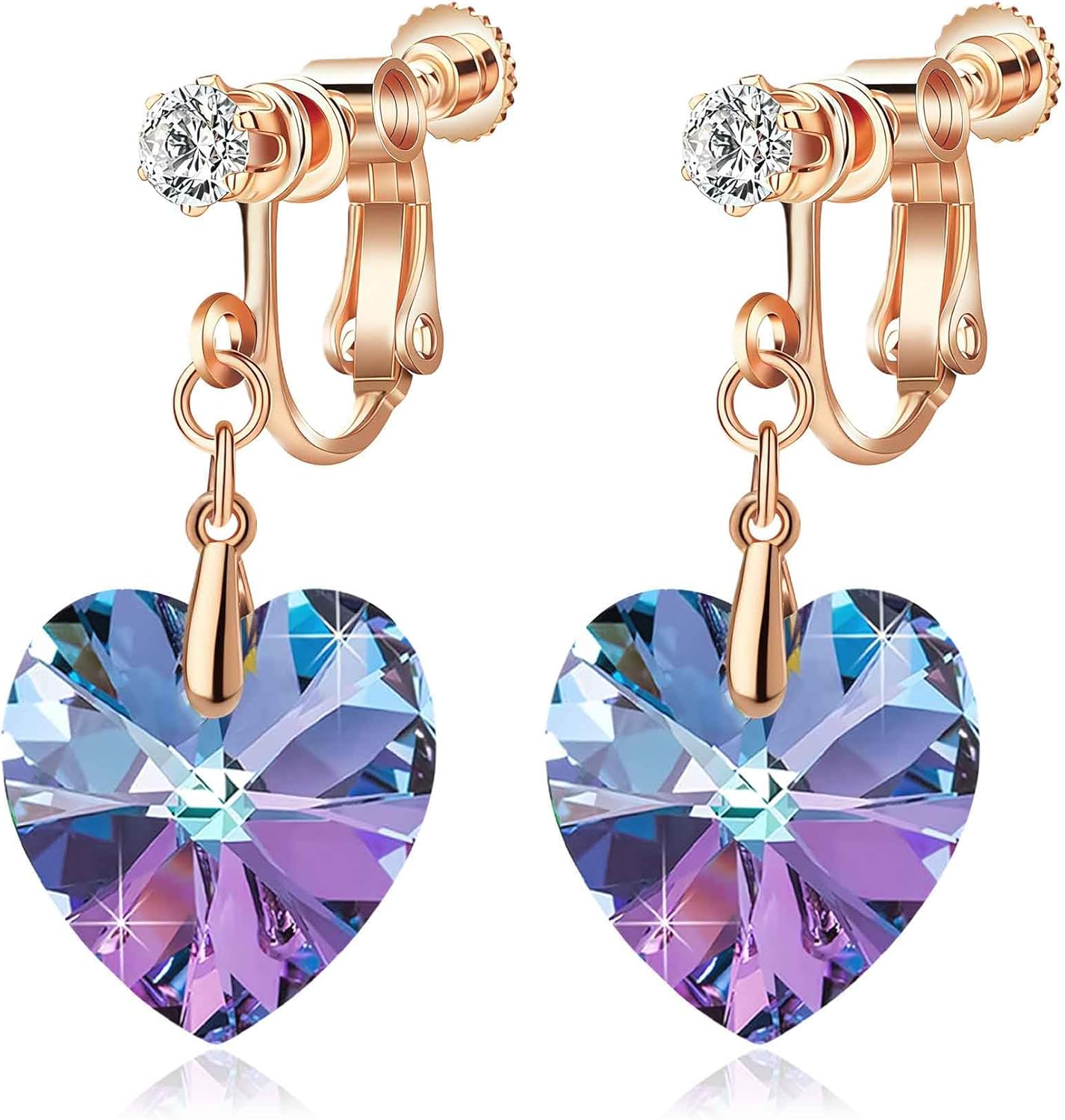 Austrian Crystal Heart Drop Clip On Dangle Earrings for Women Non Pierced 14K Rose Gold Plated Hypoallergenic Jewelry