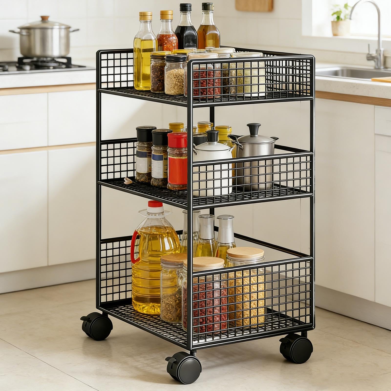 Carrello a 3 Ripiani Mobili Organizer Multifunzione Metallico con Ruote | Organizzatore Scorrevole Per Dormitorio Cucina Ufficio Pulizie Università Lavanderia Hobby Casa Salone