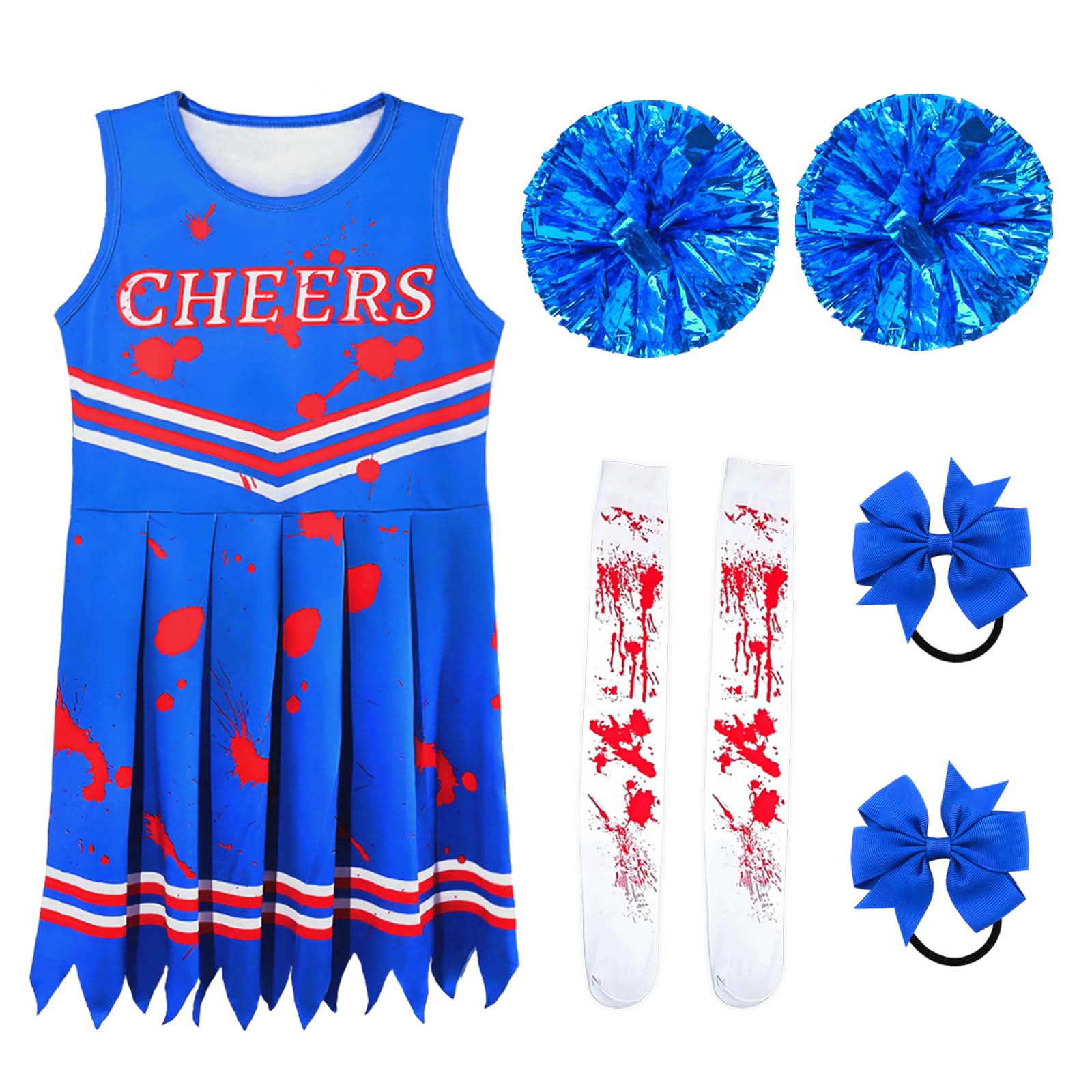 Mprocen Kids' Bloody Cheerleader Costume Halloween Outfit, Creepy Blue Cheer Dress with Accessories