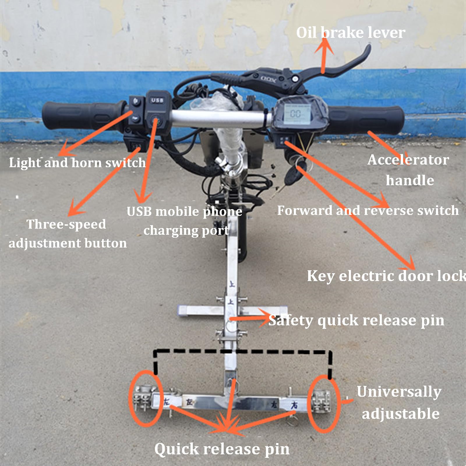 Dispositivo de tracción para silla de ruedas de 500 W (manillar y estabilizadores mejorados), 3 velocidades, con luz delantera y amortiguador,batería de 48 V, 15/17 Ah, autonomía de 60/70 km,B17Ah